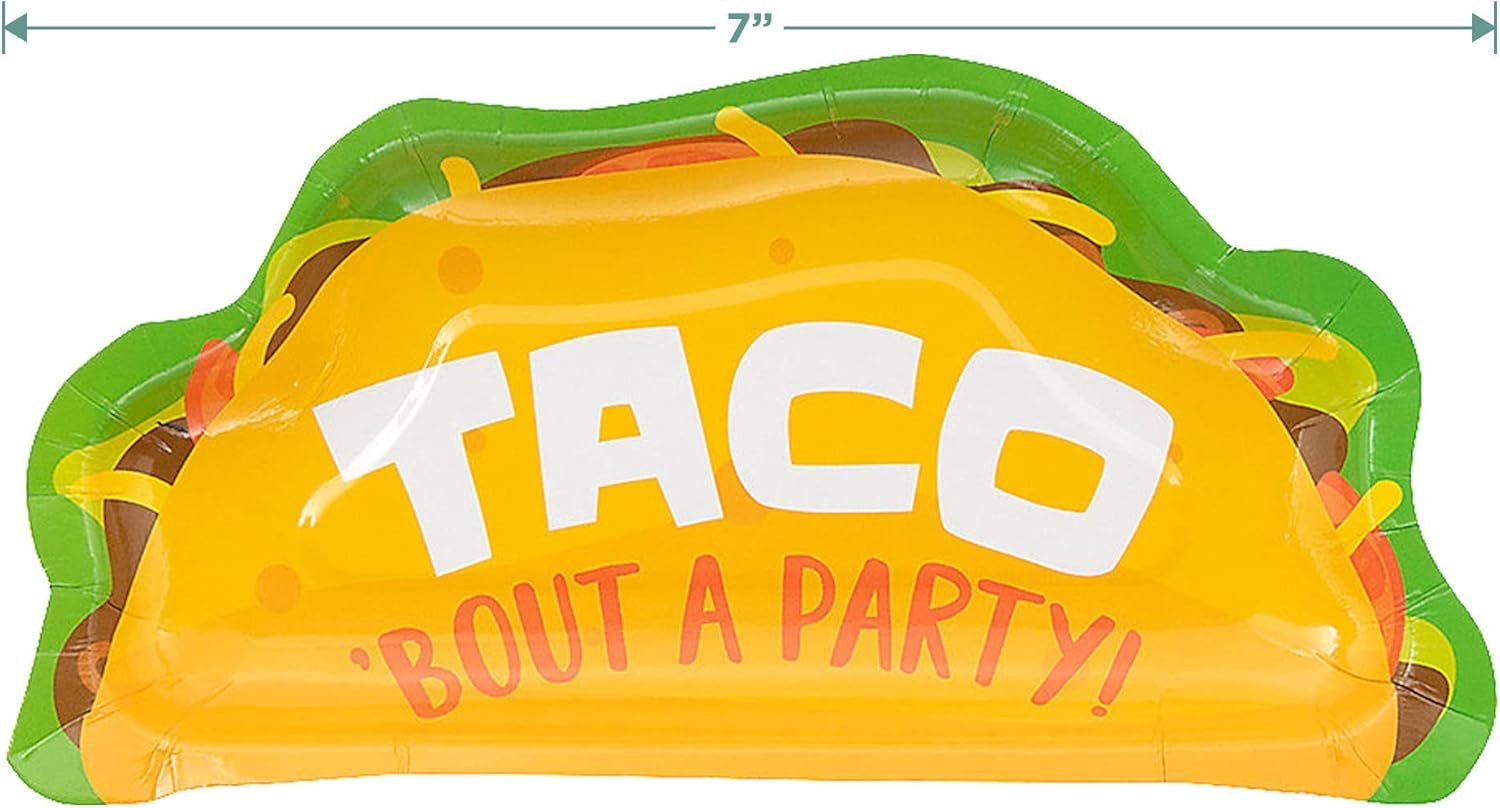 Taco Fiesta Party Pack - Lime Green Oval Platters, Taco-Shaped Appetizer Plates, Lunch Napkins, Table Cover, and Assorted Latex Balloons For 16 Guests
