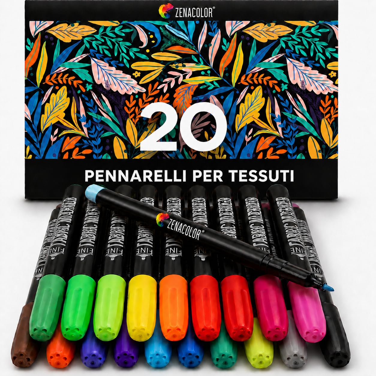 Zenacolor 20 Pennarelli per Tessuti e Stoffa - Colori per Tessuti Atossici, Indelebili e Permanenti a Punta Fine - Ideali per Magliette, Borse in Stoffa e altri Tessuti - Per Bambini e Adulti