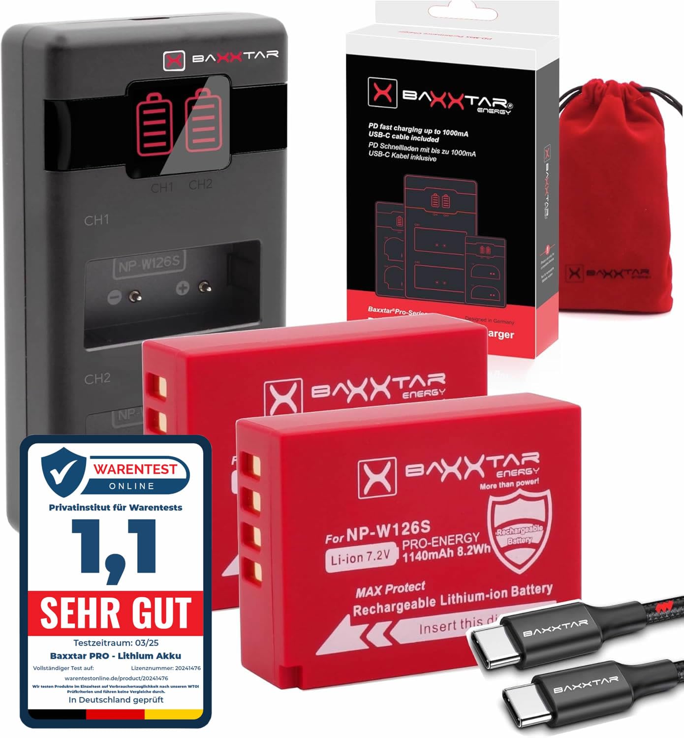 Baxxtar NP-W126S Akkus (2X 1140mAh) – MaxProtect V1 Schutzgehäuse, aktiver NTC-Sensor – Schnellladefähig mit 1000mA PD MaxPerformance USB-C – Ersatz für Fuji NP-W126s NP-W126 (161957)