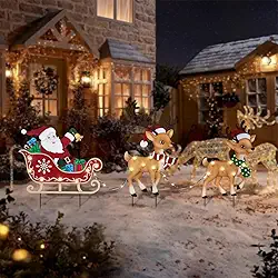 Afirst Estacas de jardim de Natal iluminadas de metal decorações ao ar livre com luzes Papai Noel no trenó renas de metal iluminadas estacas de jardim de natal estacas de jardim de Natal caminho de