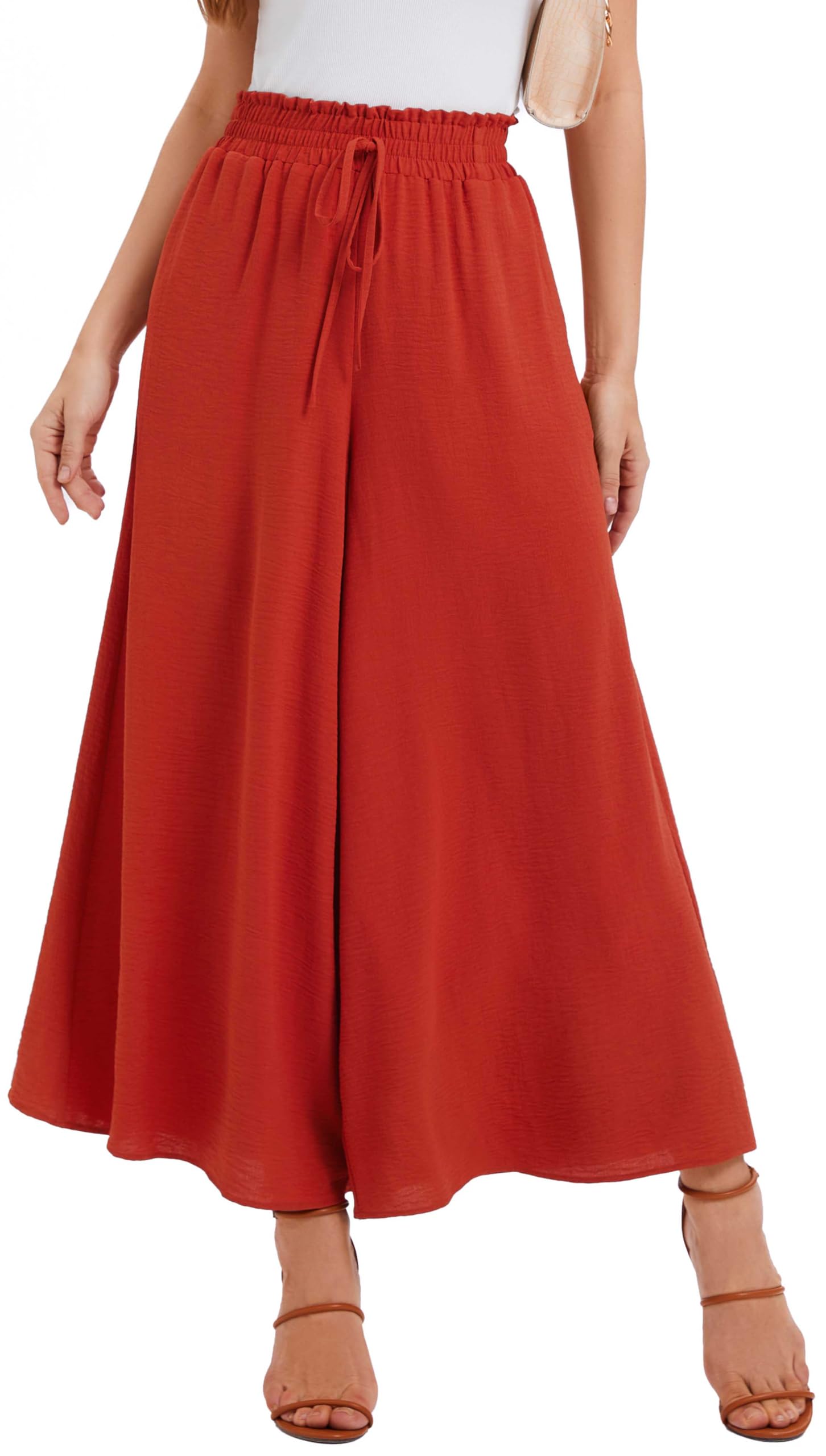 WUWUSKY Sommerhose Damen Leicht Lässige Palazzo Hose Elegant High Waist Baggy Freizeithose mit 2 Taschen