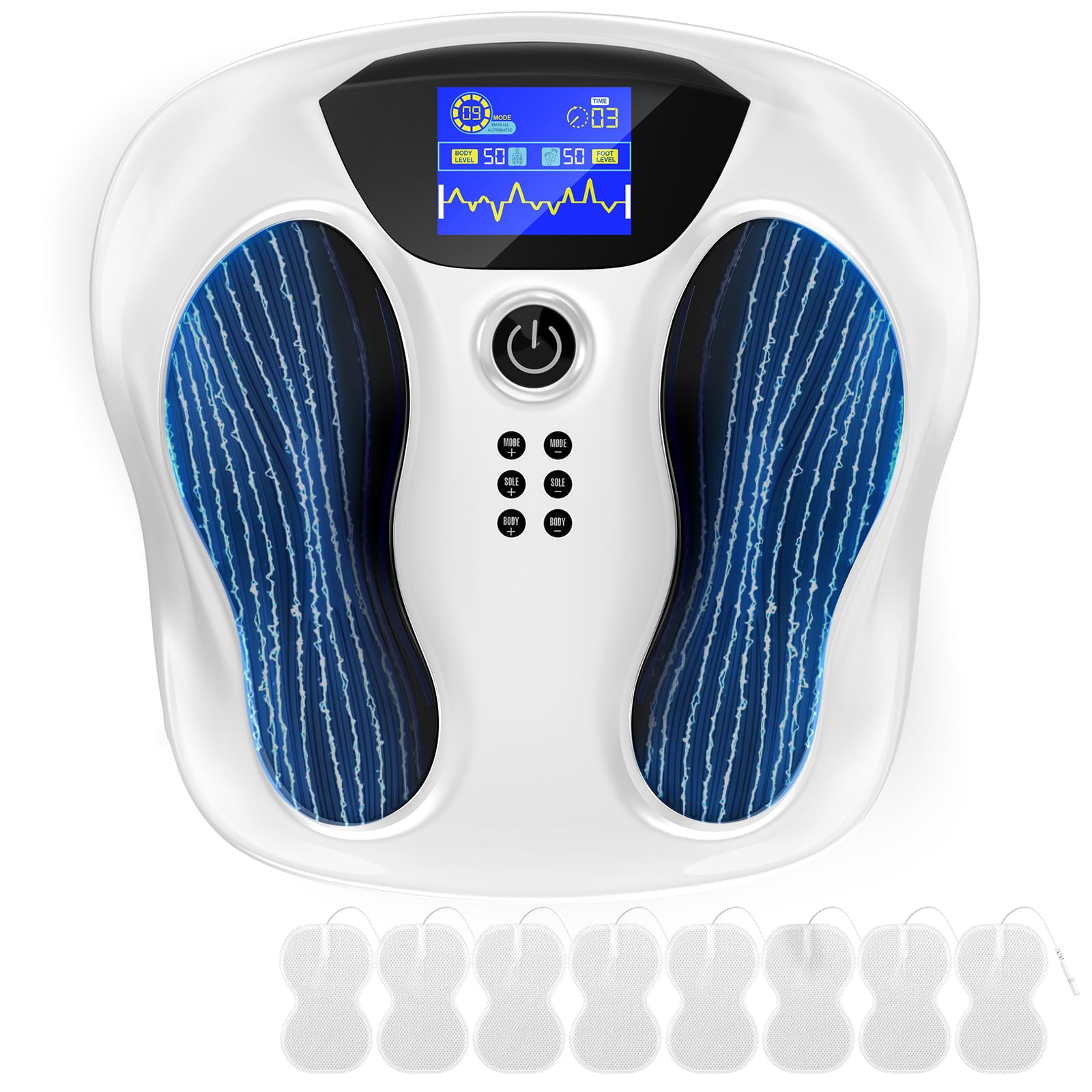 Fussmassagegerät Fußmassage Durchblutungs-Stimulator Beine, 25 Modi 99 Intensitätsstufen, TENS & EMS Massagegerät mit 8 Pads, lindert Neuropathie, Fußschmerzen, Beinschmerzen, Schwellungen & Krämpfe
