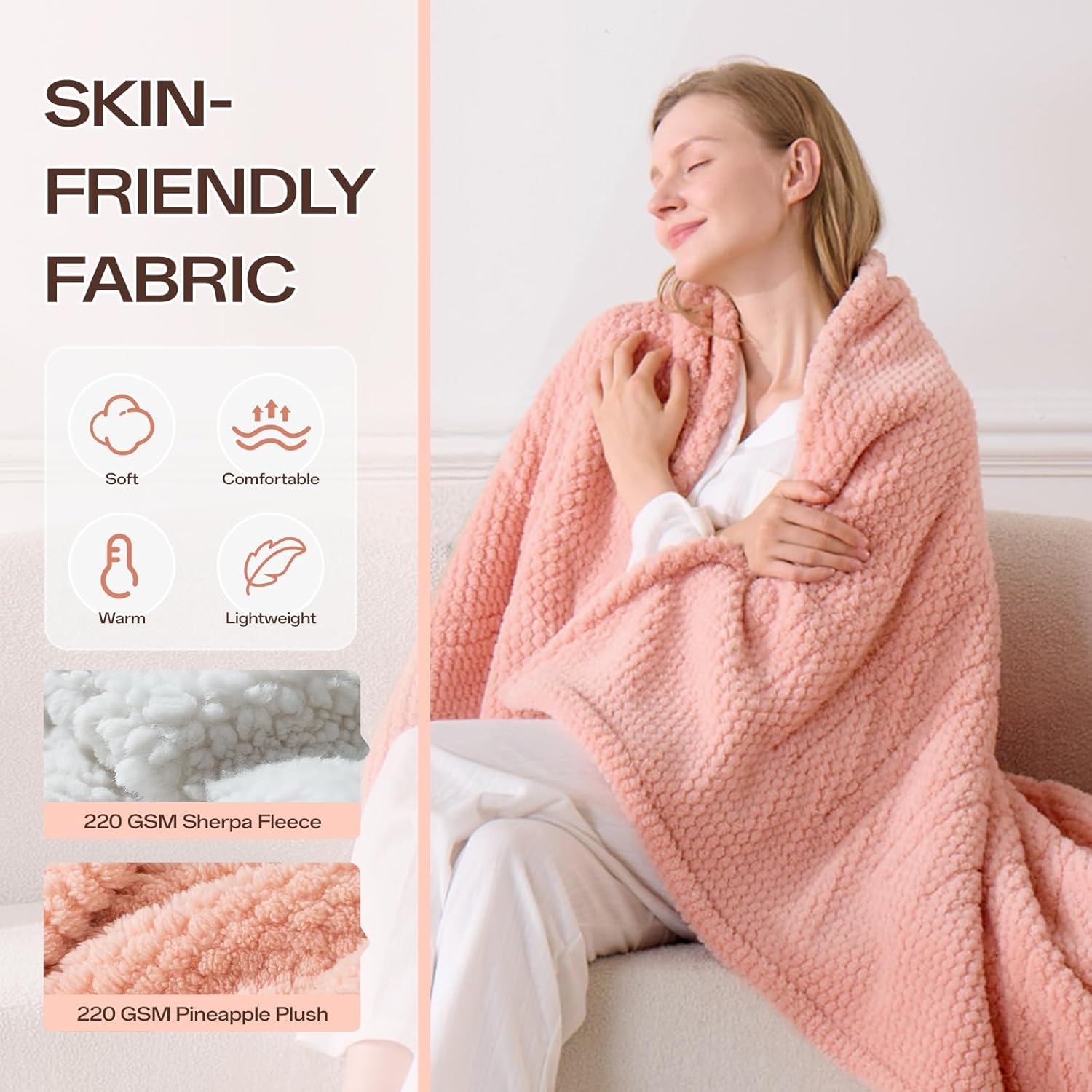 Heated Blanket Electric Throw, 50" x 60" Heated Blanket with 8 Heat Levels & 8 Hours Auto Off, Fast Heating Blankets Machine Washable with ETL Certification, Pink - Image 2