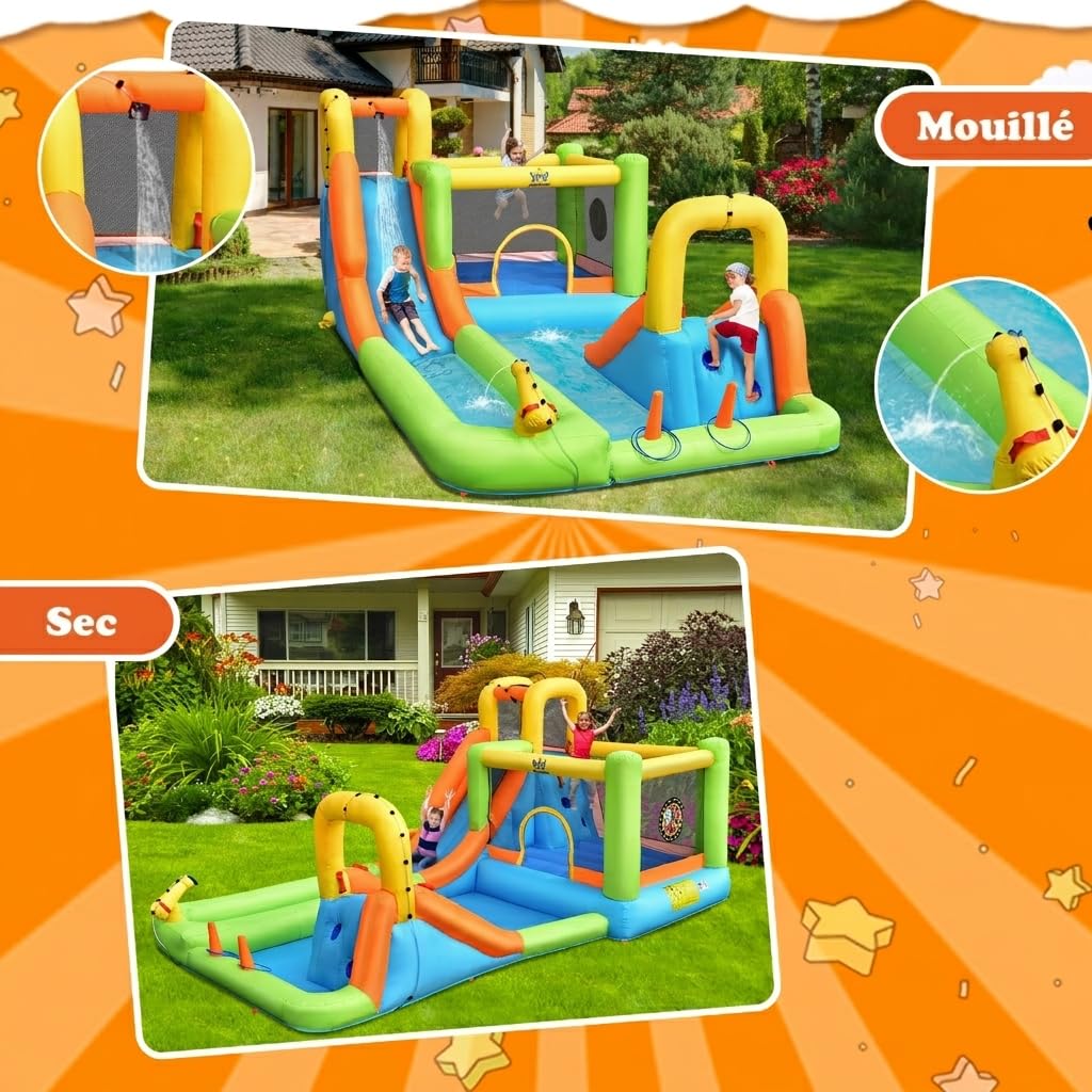 GOPLUS 7 en 1 Château Gonflable Aquatique Toboggan avec Souffleur 680W