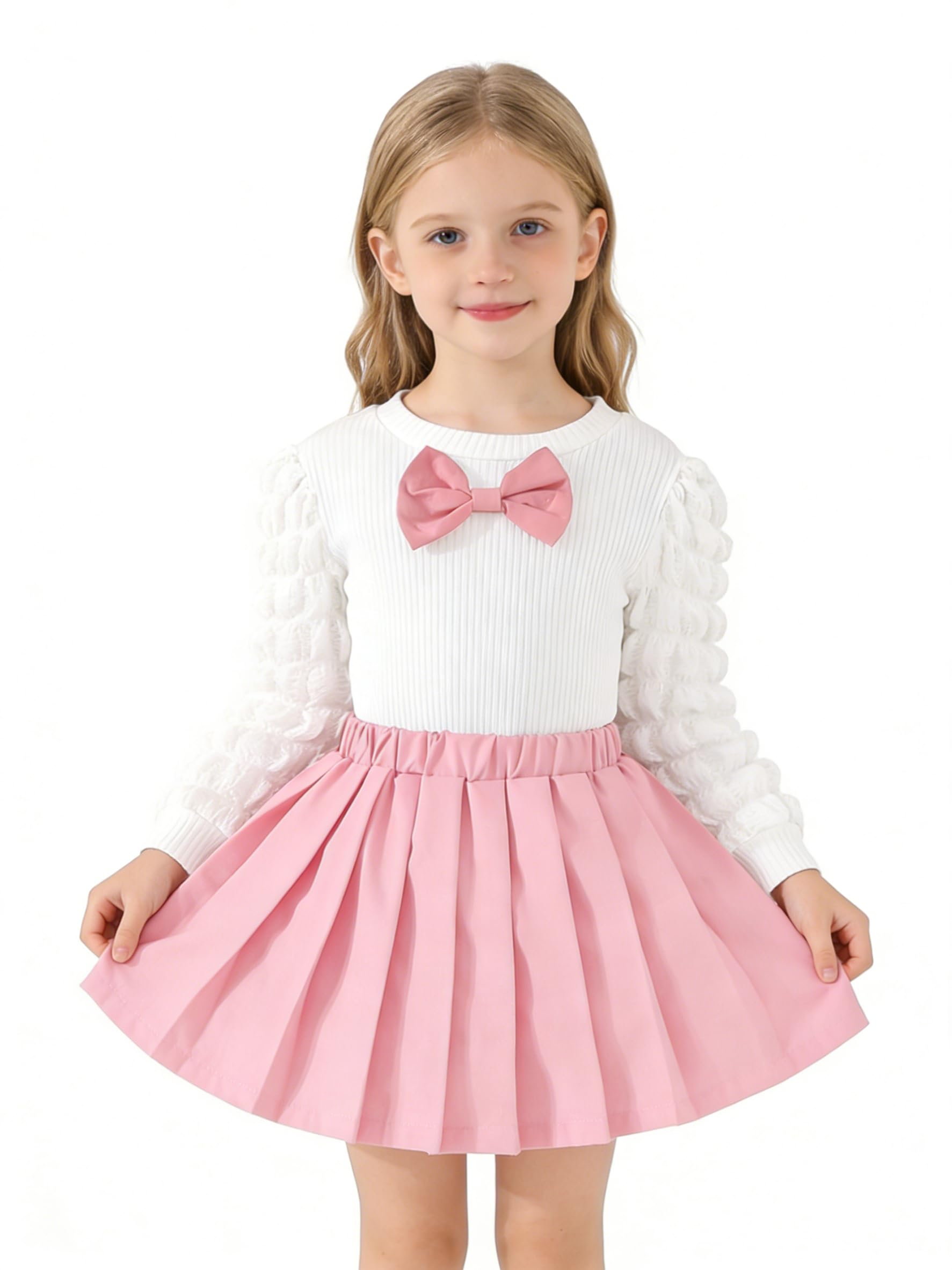 3-8Y Toddler Girl Skirt Set Kid 2Pcs Outfits Puff Long Sleeve Top Pleated Skirt with Bowknot Fall Winter Clothes