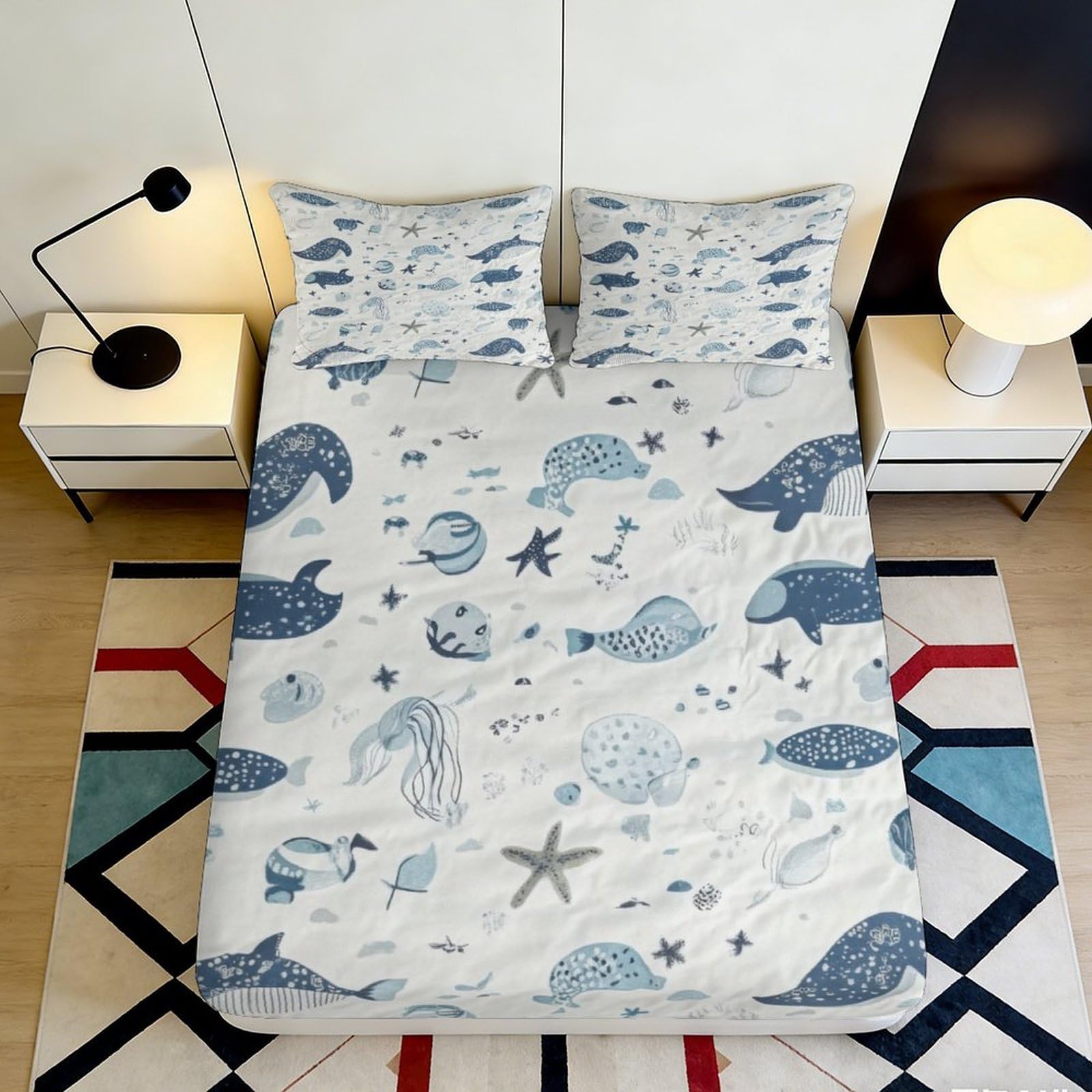 3D Printed Ocean Whale Fitted Sheet Microfiber Soft Blue Sea Life Mattress Cover Bedroom Dorm Decor 90x200x25cm