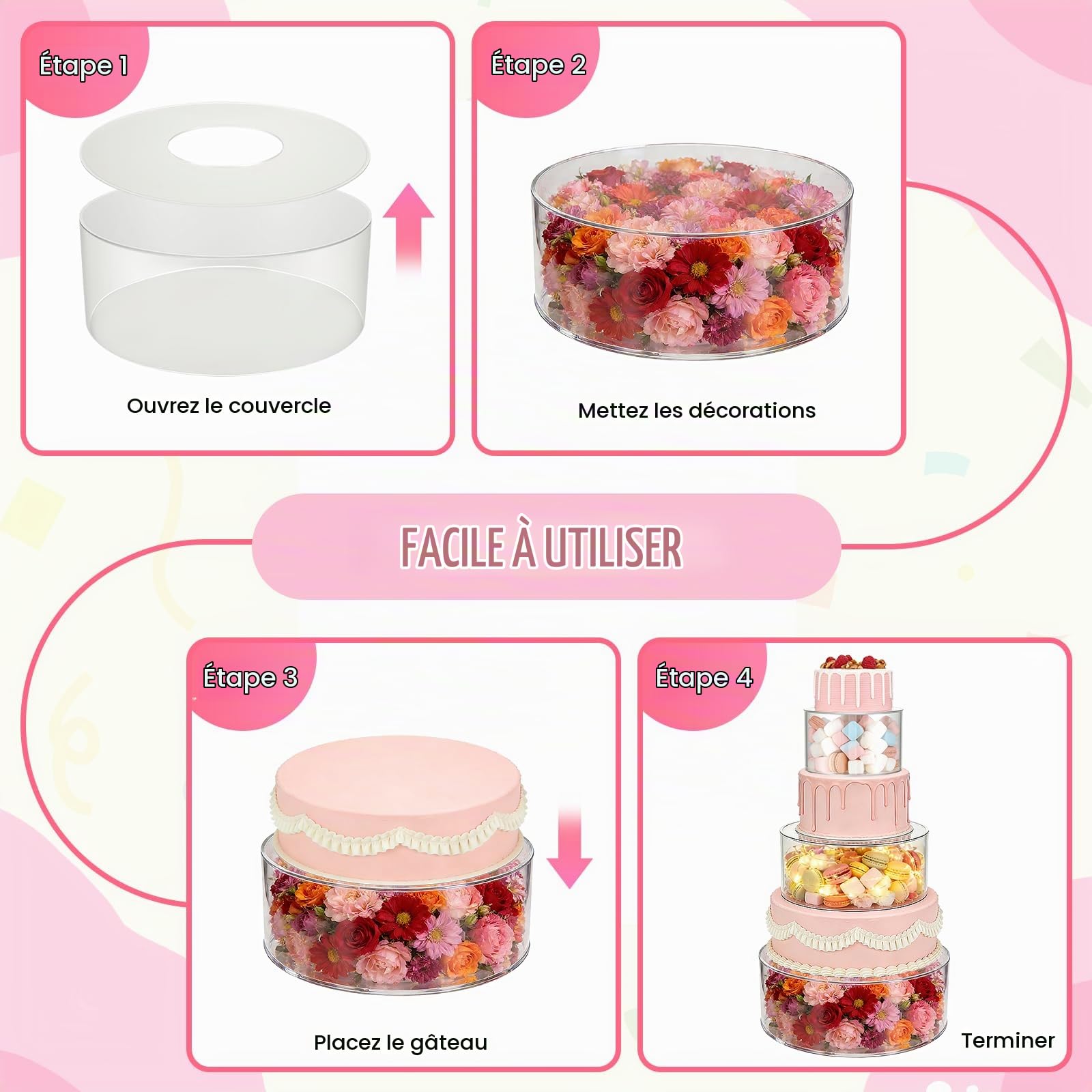 Présentoir à Gâteau 3 Etages en Acrylique, Plateau à Gâteaux Rond Transparent Remplissable avec 3 Bandes Lumineuses LED (Piles Non incluses) Boîtes de présentation empilables pour Mariages, Fête