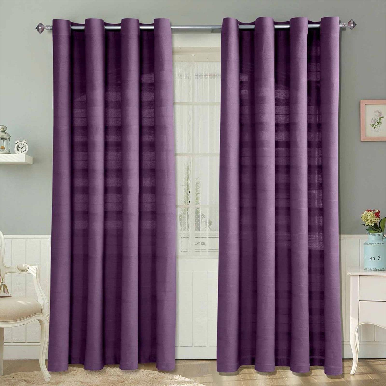 Homescapes (W 167Cm X Drop 182Cm, ) Cotton Rajput Ribbed Curtain Pair Purple