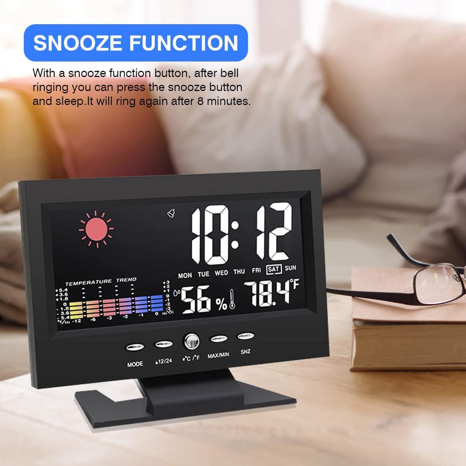 Pwshymi Black Color Weather Forecast Alarm Clock, Display Time Date Temperature Humidity, Electronic Temperature Clock, Features Countdown Function, Voice Control Backlight