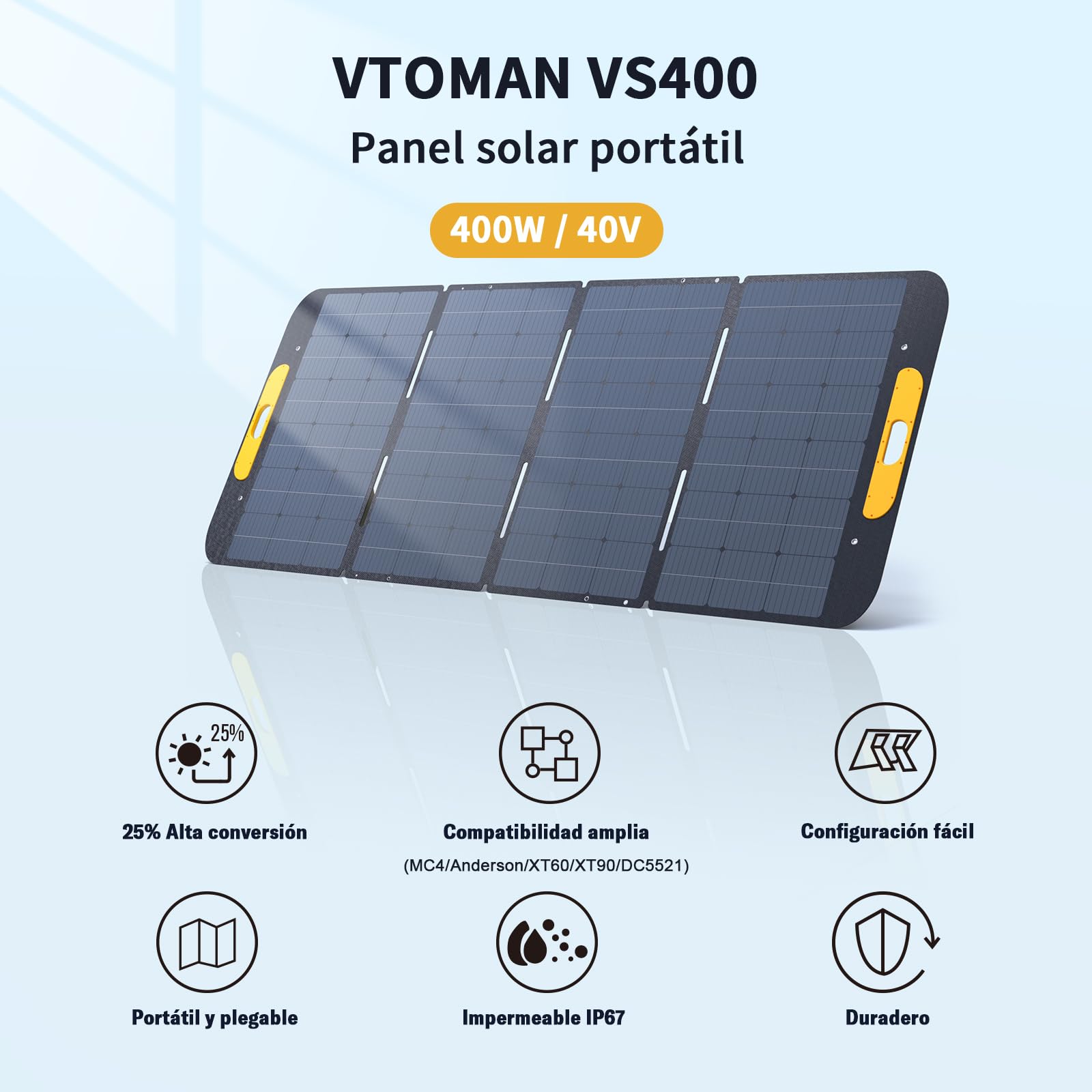 VTOMAN 400W Panel Solar Portátil 400W 43V con Conversión Alta de 25% Eficiencia, IP67 Impermeable con 4 en 1 Adaptadores Anderson XT60 XT90 DC5521, Apto para FlashSpeed 1500/FlashSpeed 1000
