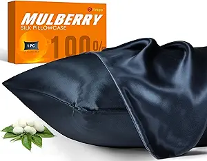 100% Mulberry Silk Pillowcase for Hair and Skin, 22 Momme Pure Natural Silk Pillow Case Both Sided with Zipper, Pillow Cover for Women Mom Men (Navy Blue, Standard 20''×26'')