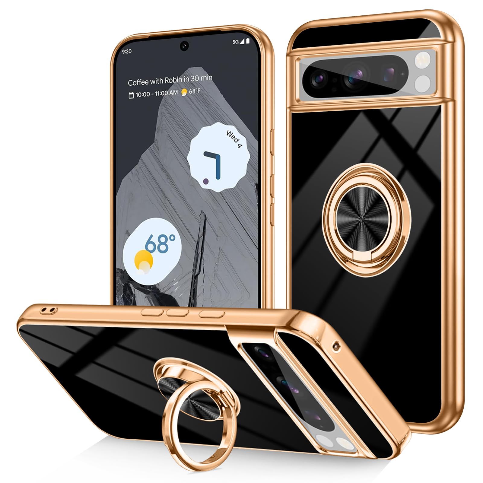Dinick for Google Pixel 8 Pro Case with Ring Holder Kickstand, Soft TPU Gold Plated Cover, Anti-Scratch, Shockproof Protection, Slim, Magnetic Stand