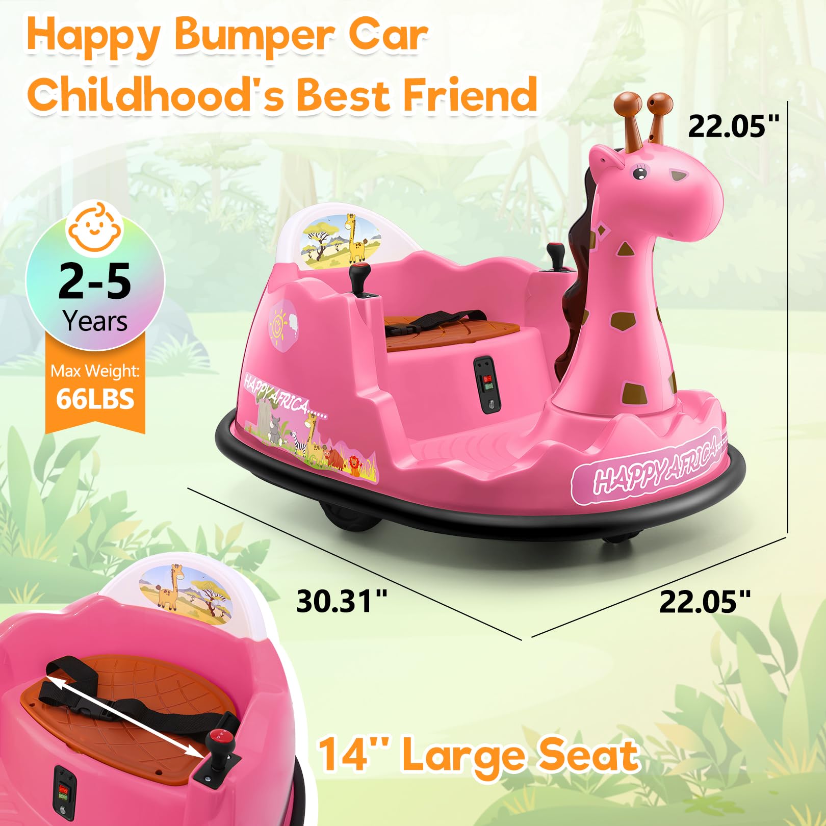 Hikole Baby Bumper Car for Kids 1.5-6, 12V Toddler Ride on Car with Parent Remote, Colorful Led Light, 360°Degree Spin, 2 Driving Modes, 3 Speed Adjust, Rubber Bumpering Tyre, Giraffe Pink