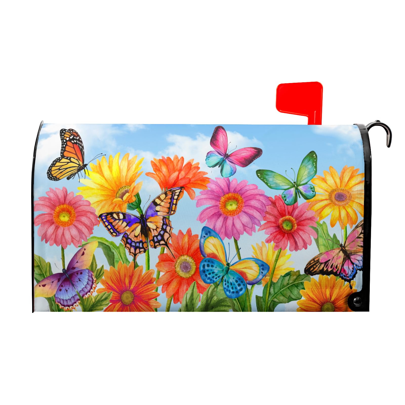 Summer Flower Mailbox Covers Magnetic Large Size 25.5 x 21 Inch Beautiful Fluttering Butterfly Mailbox Covers Colorful Floral Decorative Mailboxes Wraps Post Letter Box Cover for Outside