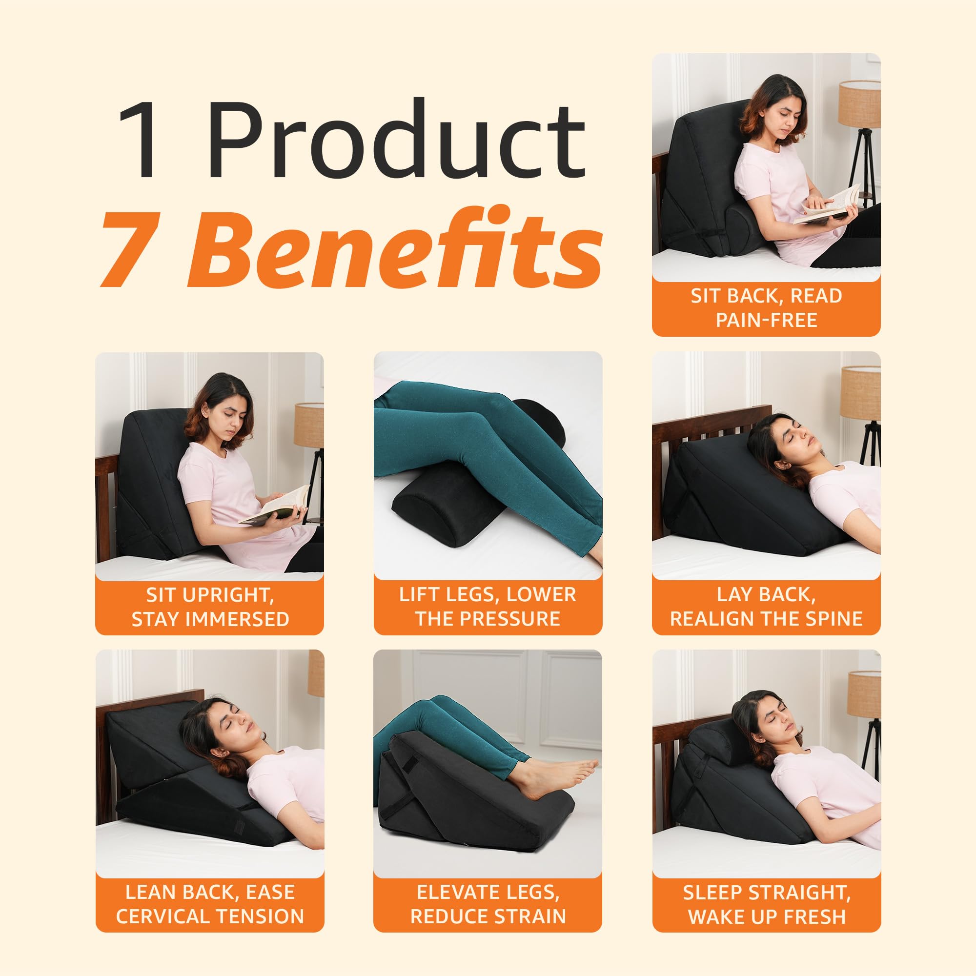 Amazon Basics Orthopedic Adjustable Wedge Pillow-Memory Foam with Head Rest-Back Support for Bed, Leg Elevation, Acid Reflux, GERD, Snoring |6 Months Warranty-Soft Washable Cover-Black,38 x 57 x 53 CM - Image 2 thumbnail