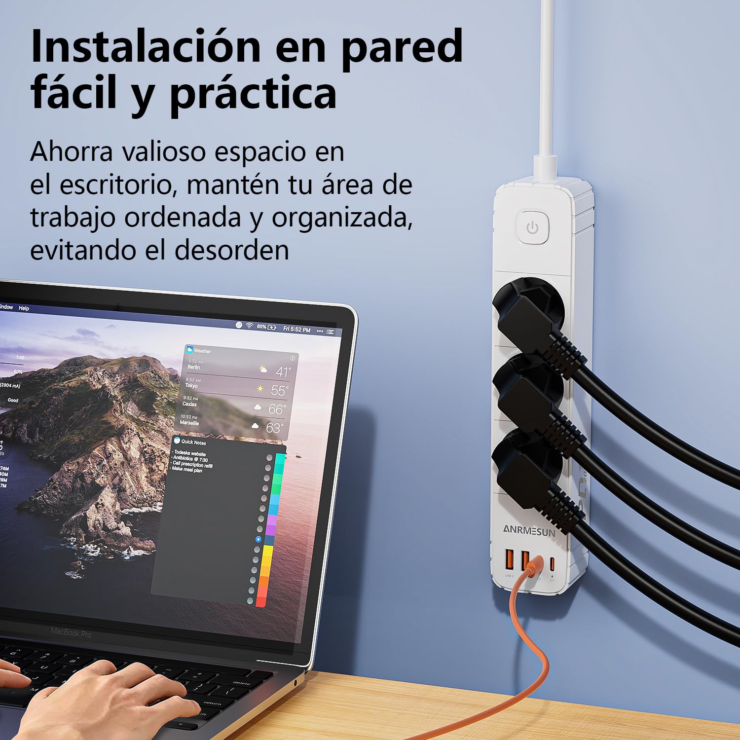 Regletas Enchufes con 3 Tomas y Interruptor, Enchufe Múltiple de Carga 2 USB A y 2 USB C (PD 20W), Protección Sobretensión, Cable 1.9m, Ideal para Viajes y Hogar — view 2