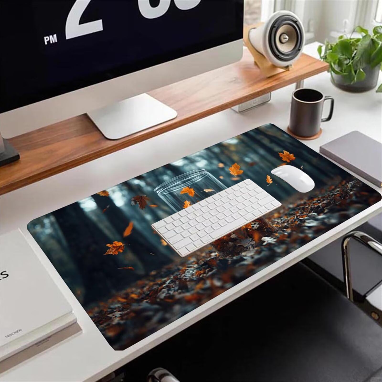 Gamingowa podkładka pod mysz 1200 x 600 x 3 mm, XXL, wodoszczelna, odporna na ścieranie, z przyszytymi krawędziami, podkładka na biurko, poprawia prędkość i precyzję pod laptopa, komputer, wzór liści