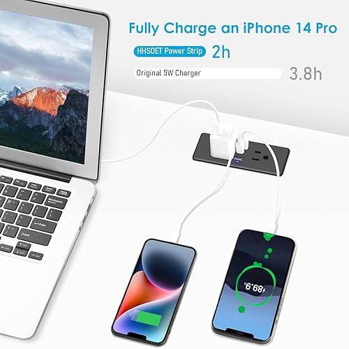 Miniatura 7 de HHSOET Regleta de alimentación de carga rápida de 20 W con USB-C, 2 enchufes de CA, 2 puertos USB, cable de alimentación de 10 pies, color negro