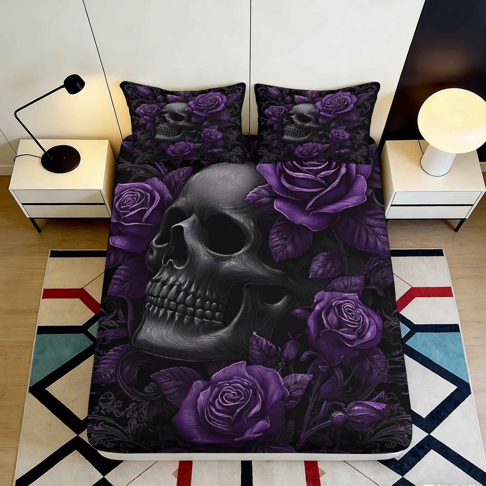 3D Printed Skull Rose Fitted Sheet Microfiber Black Purple Floral Mattress Cover Bedroom Dorm Protector 120x200x25cm
