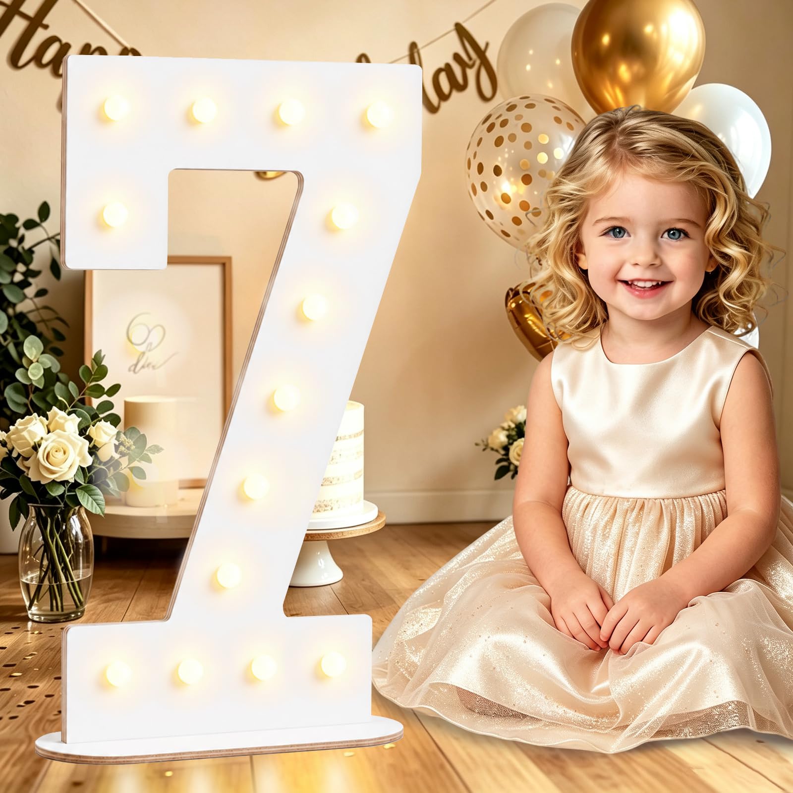 44CM White Wooden Light Up Numbers 7, 7th Birthday Decor for Boys Girls
