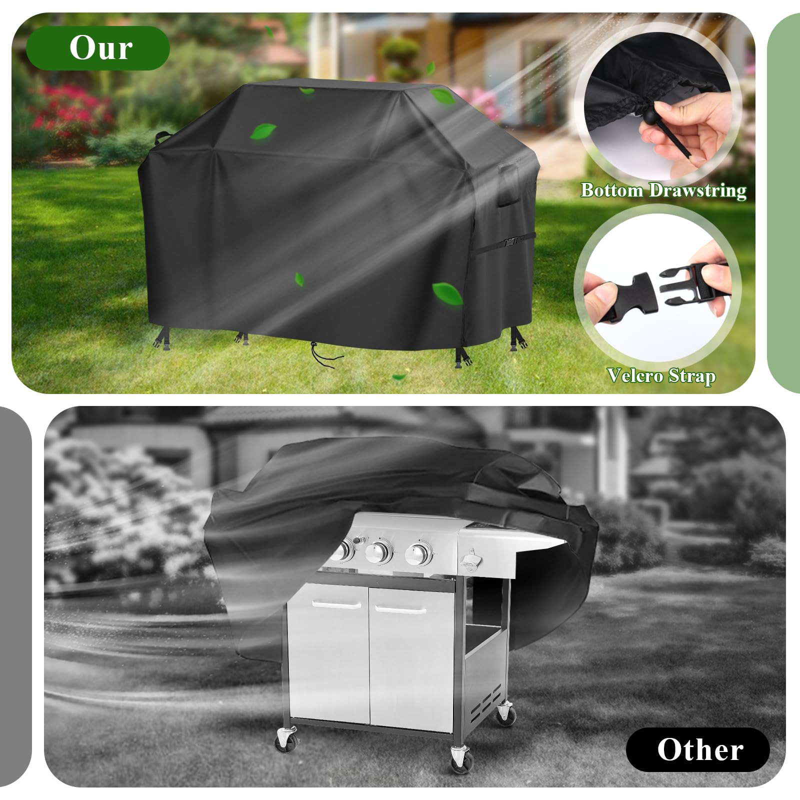 Wytrzymała wodoodporna osłona do grilla, węgiel Oxford 500D, odporny na blaknięcie, z uchwytami, klamrami i otworem wentylacyjnym, pasuje do Weber & Char Broil - 182,9 x 68,6 x 129,5 cm