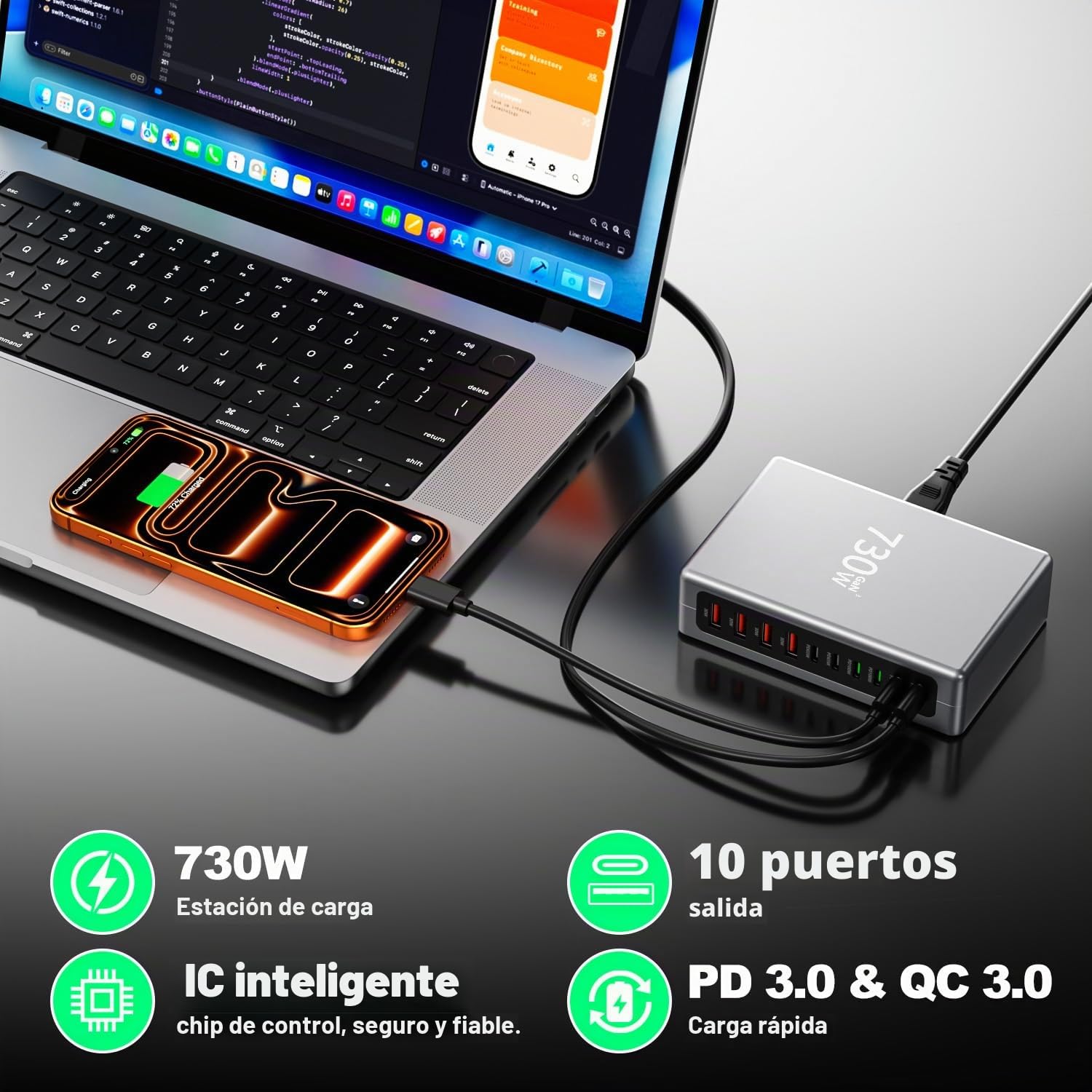 Cargador USB C de 730 W, GaN de 10 puertos, cargador USB para portátil, teléfonos móviles, tabletas, estación de carga rápida de varios puertos con 6 USB C + 4 USB A, fuente de alimentación PD