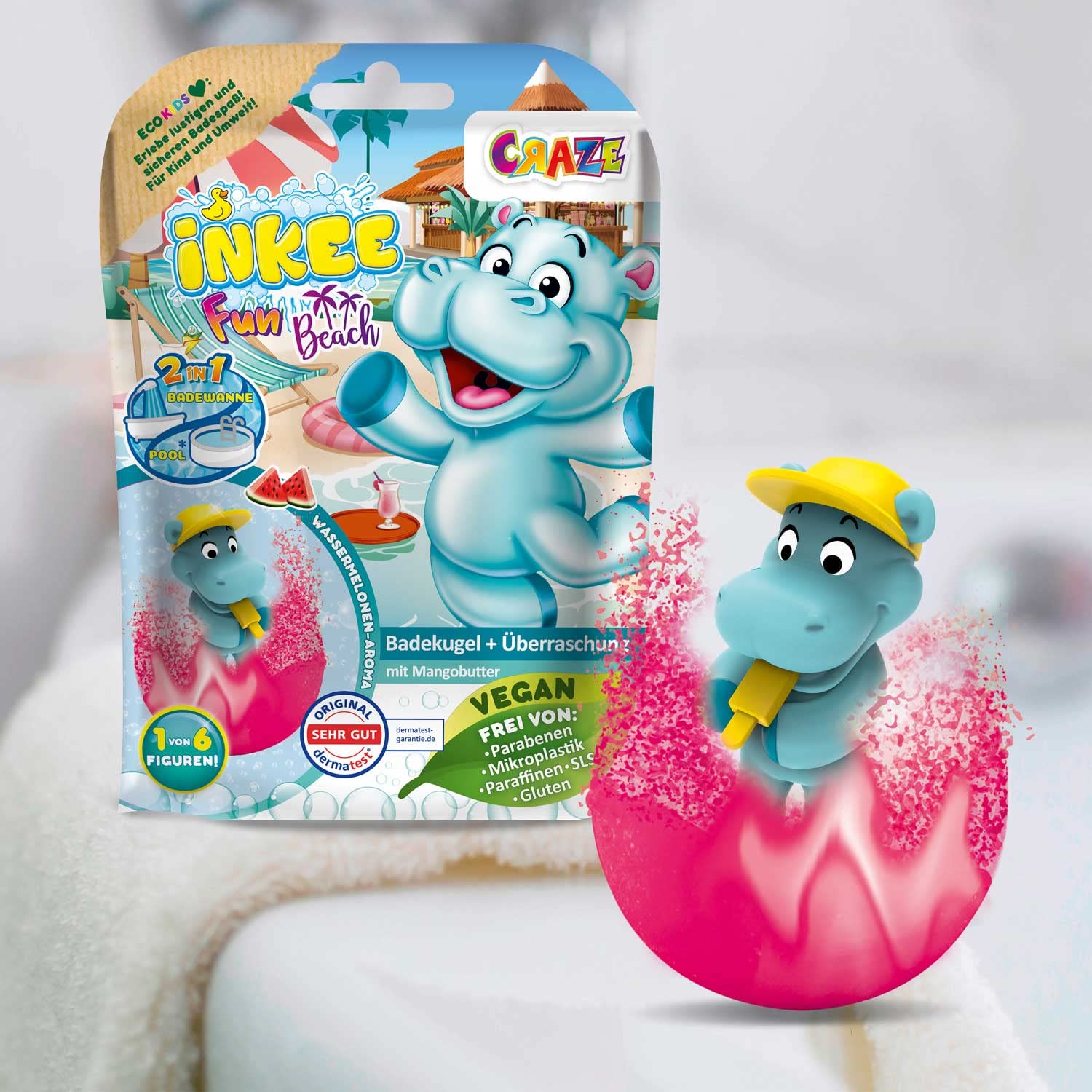 INKEE Fun Beach | Zestaw 3 Bomb do Kąpieli dla Dzieci z Figurkami Hipopotama, 3x Kule do Kąpieli z Niespodzianką, Aromat Arbuza, z Masłem Mango