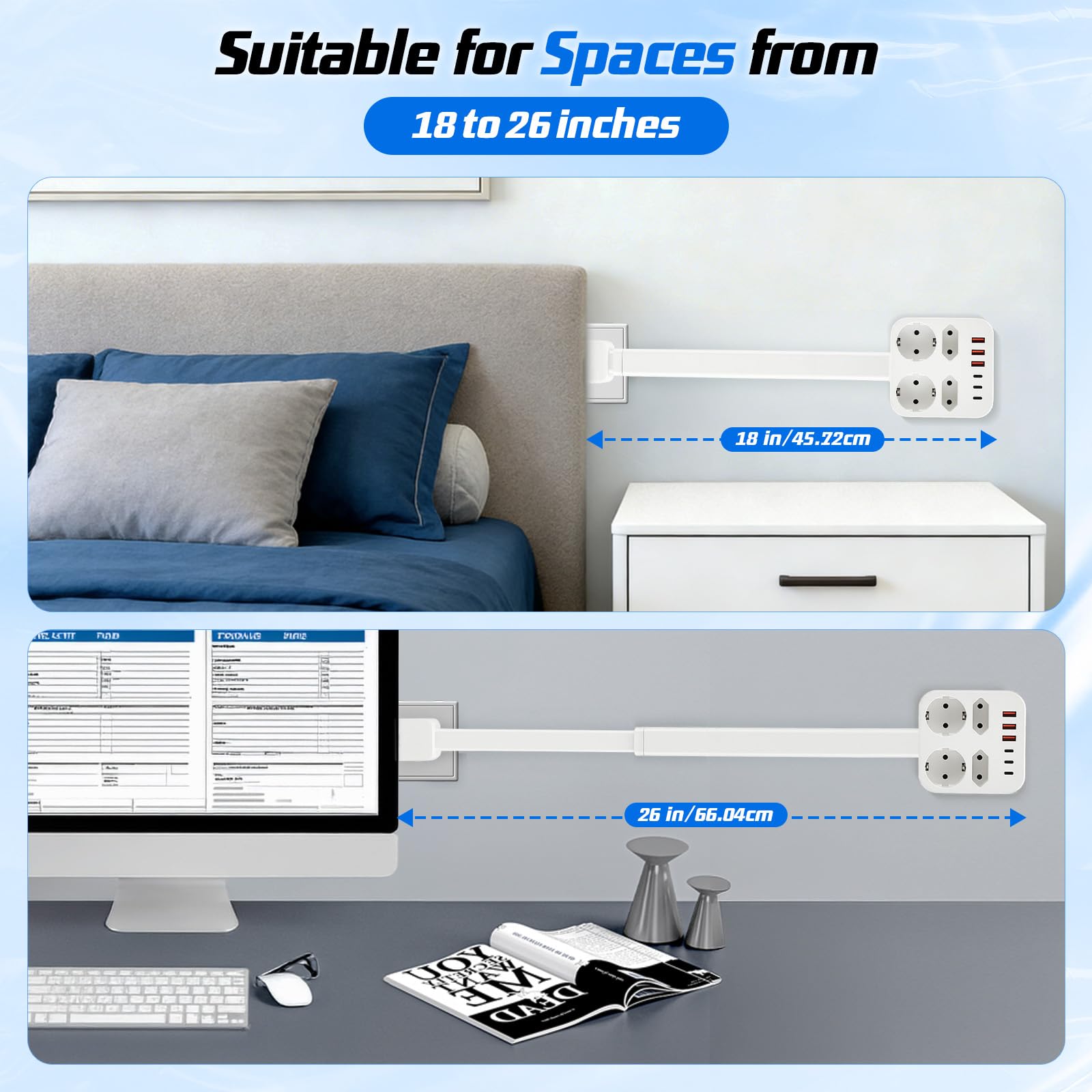 Multiprise extensible rectangulaire - Rallonge de prise - Barre extensible (47-67 cm) - 4 prises - Charge rapide USB-A & USB-C - Pour la maison et le bureau