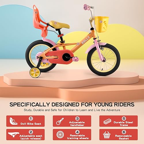 Miniatura 7 de Bicicleta retro para niños con ruedas de entrenamiento y cesta para niñas y niños de 2 a 12 años, bicicleta para niños de 12 pulgadas, 14 pulgadas,