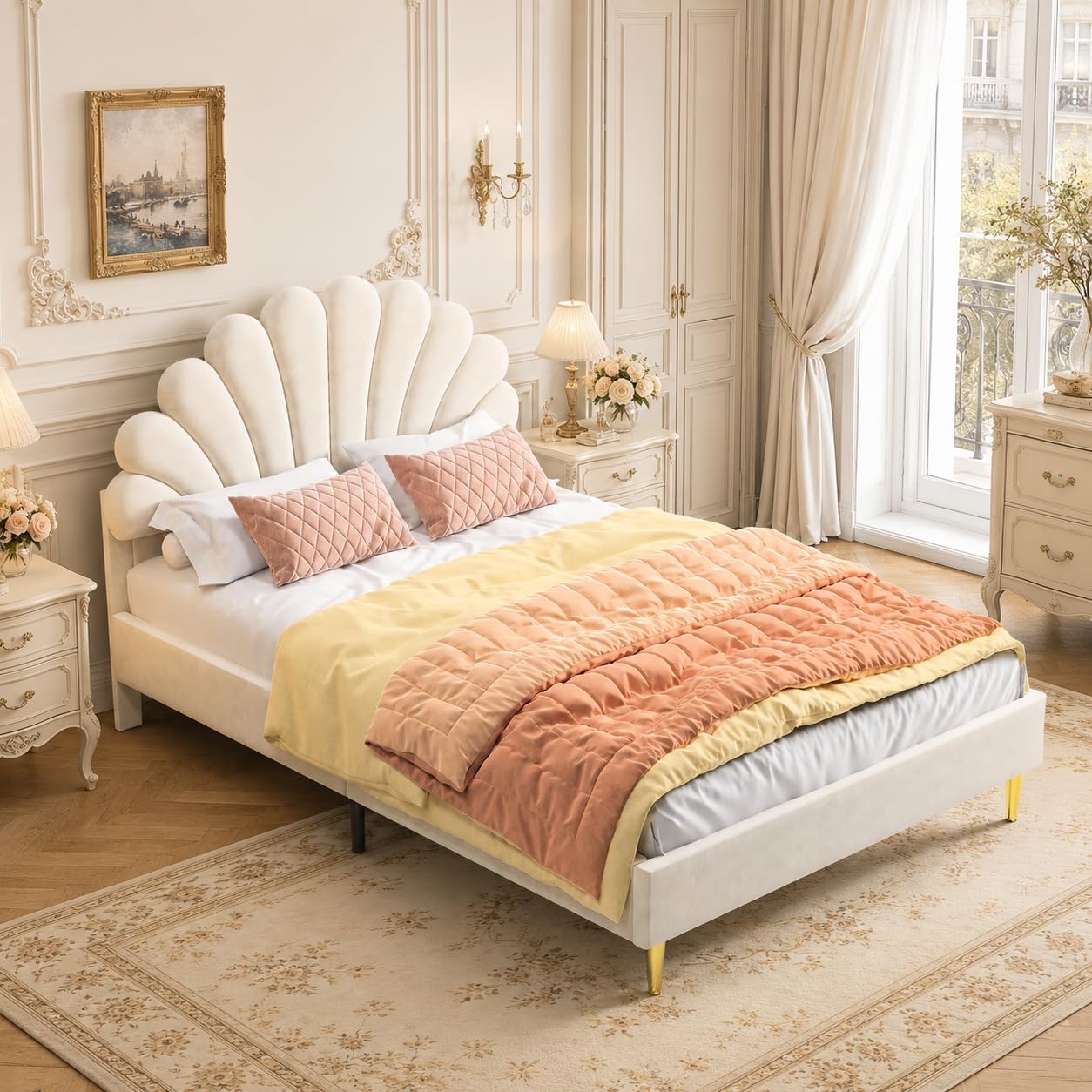 Polsterbett Kinderbett 140x200 cm, Doppelbett mit Lattenrost und Verstellbares Kopfteil in Blumenform, Mädchen Bett aus Holz, Samtstoff, Bett für Schlafzimmer, Ohne Matratze, Beige