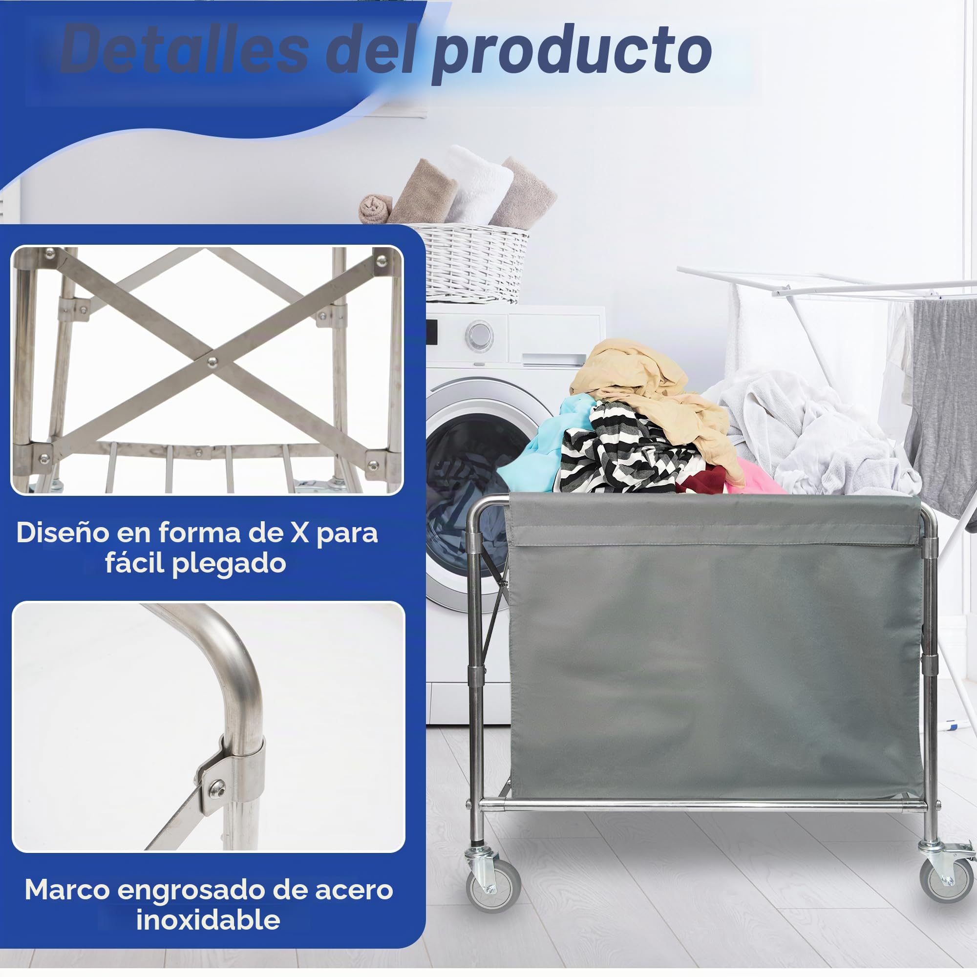 bimiti Carrito de lavandería de acero inoxidable con ruedas, plegable, con capacidad de carga de 100 kg, para casa, hotel, lavandería, 87 x 52 x 78 cm