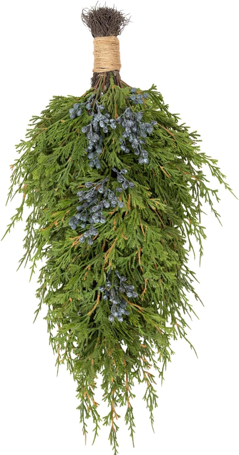 20" Christmas Artificial Juniper Swag Blueberries Teardrop Front Door Decoration Pine Cedar Real Touch Xmas Faux Evergreen Juniper Swag with Hanging Ring for Windows Wall Stair Outdoor Decor