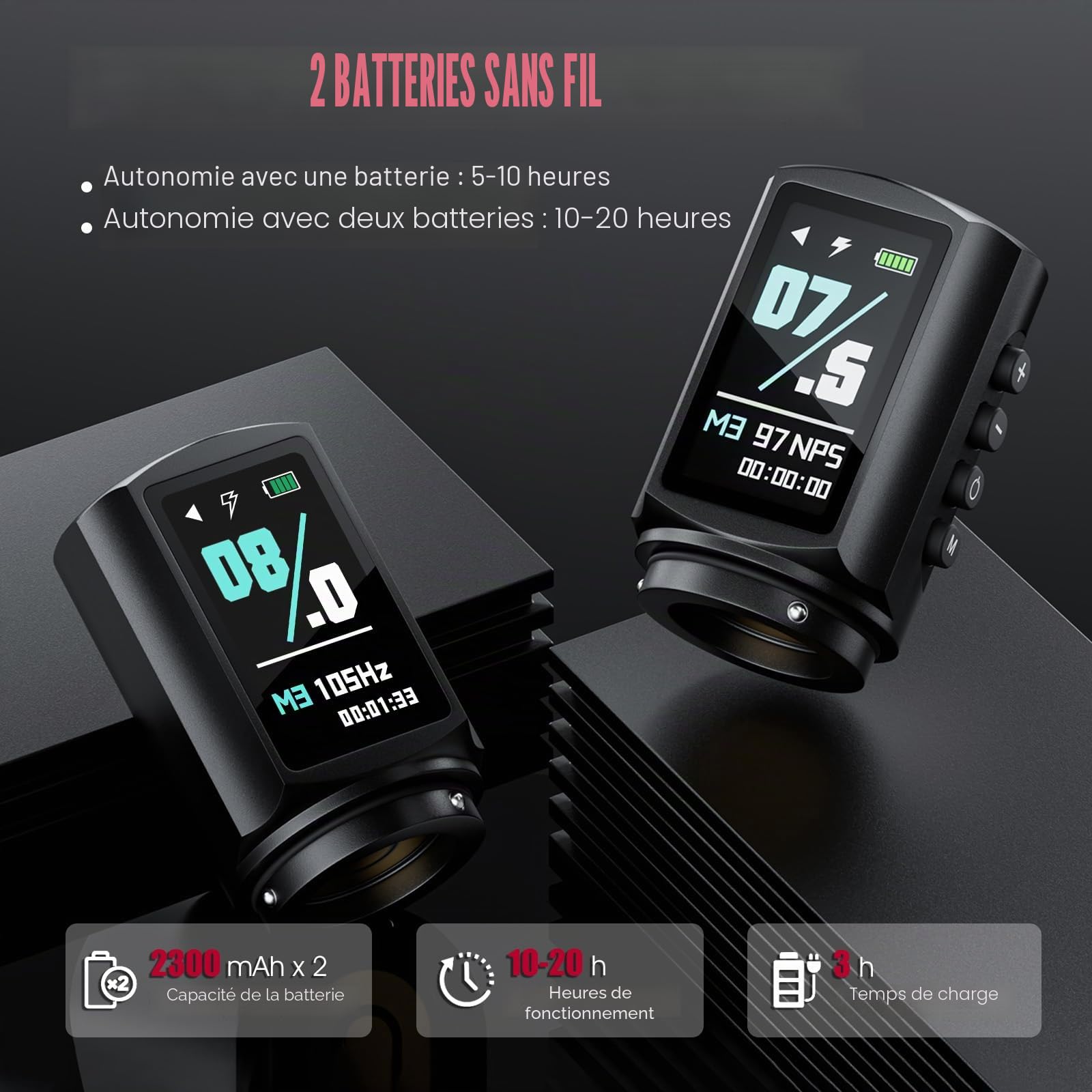 TATELF Kit de machine sans fil avec 7 hauteurs de levage réglables avec batterie de 2300 mAh, 20 cartouches, 10 cartouches d'encre, accessoires professionnels complets pour débutants et artistes