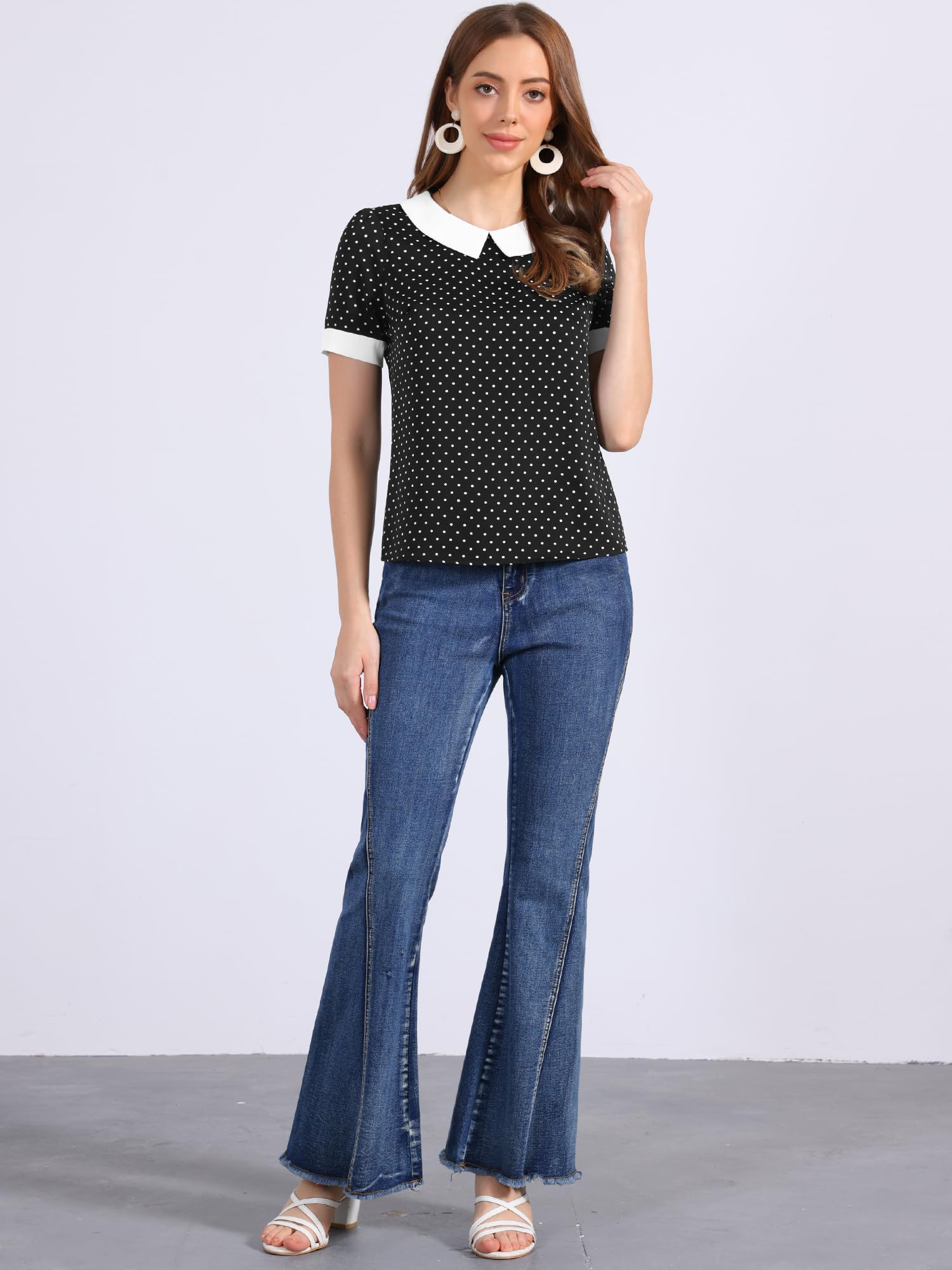 Allegra K Women's Peter Pan Collar Shirt Vintage 1950s Polka Dots Blouse: Large Black White