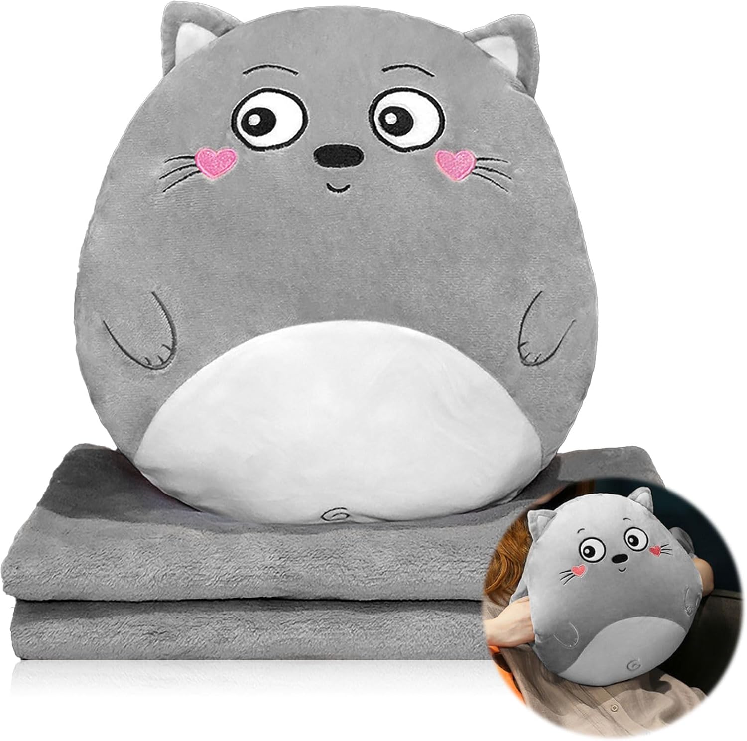 BOUFEIDA Couverture de voyage et coussin avec housse – Coussin 3 en 1 – Coussin de sieste – Couverture de canapé de voiture – Coussin de dossier pour enfants et amis (chinchilla)