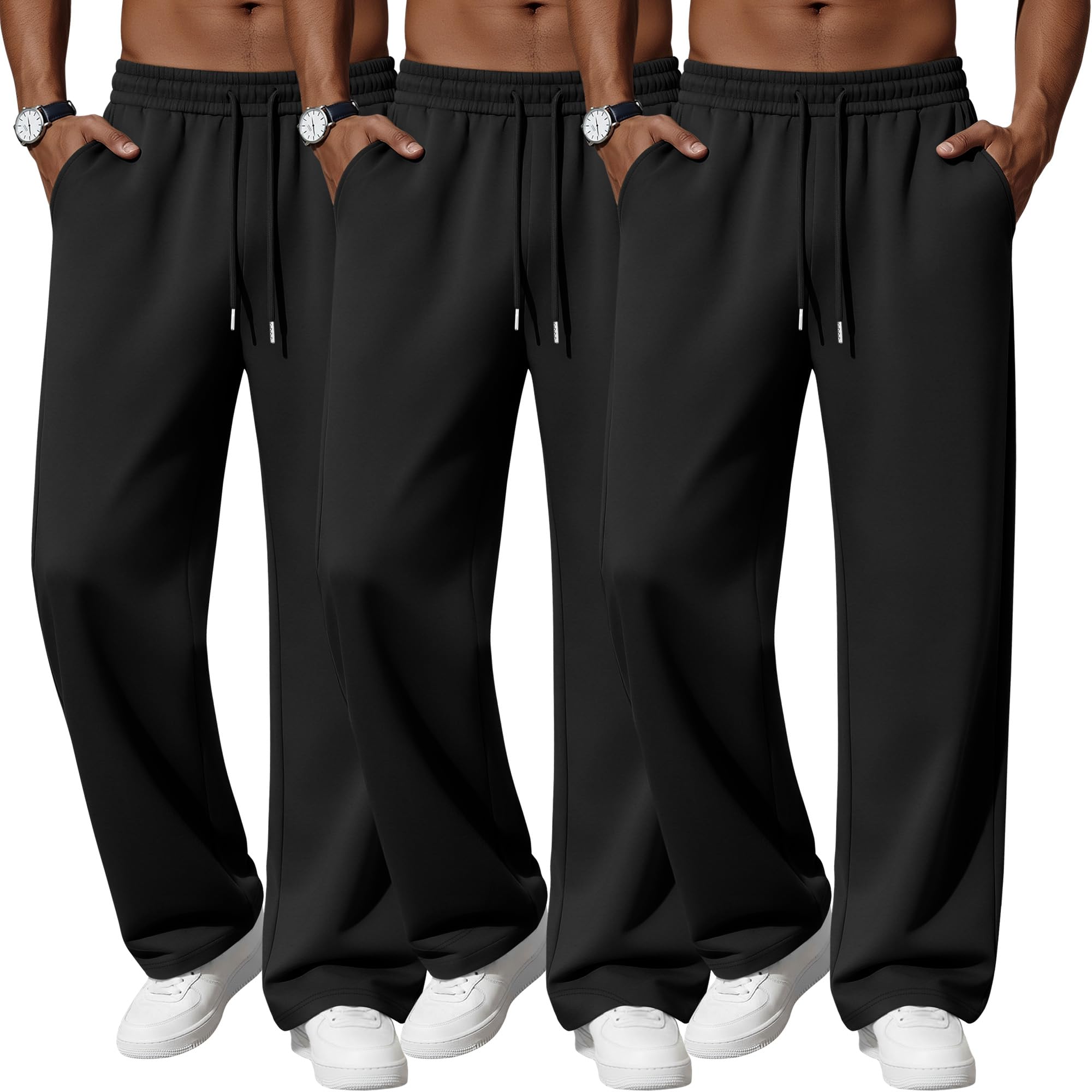 Neer Paquete de 3 Pantalones de chándal Holgados y Ligeros para Hombre, con bajo Abierto, cordón Ajustable y 3 Bolsillos.