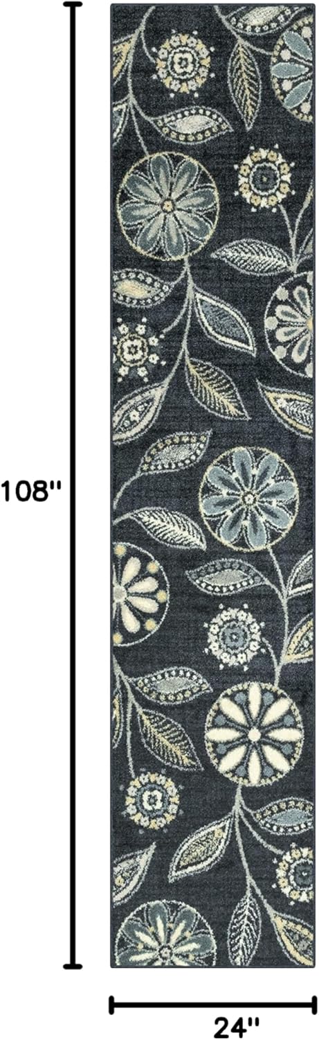 Maples Rugs Reggie Floral Runner Rug - Made in USA - Washable, Non Slip Indoor Carpet for Kitchen, Hallway, and Laundry Room, 2' x 9', Persian Blue 2' x 9' (Rectangular) Blue