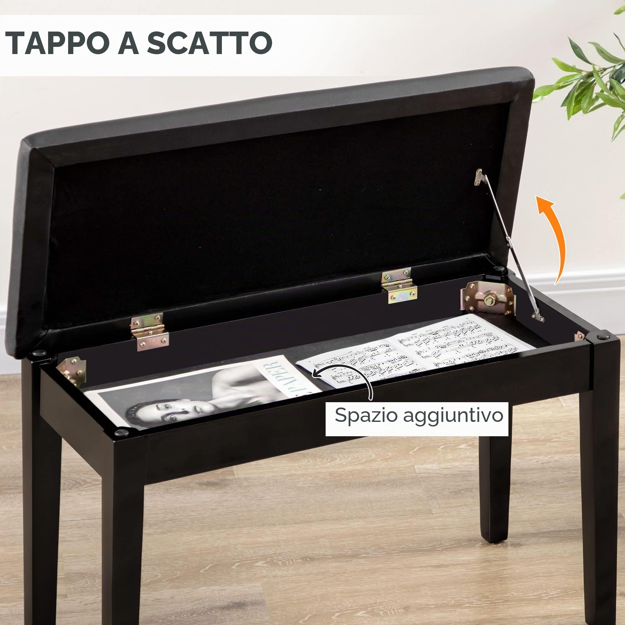 HOMCOM Sgabello per Pianoforte con Vano Contenitore PU 75x35x49cm Nero | Panca per Pianoforte, in Legno e Finta Pelle PU