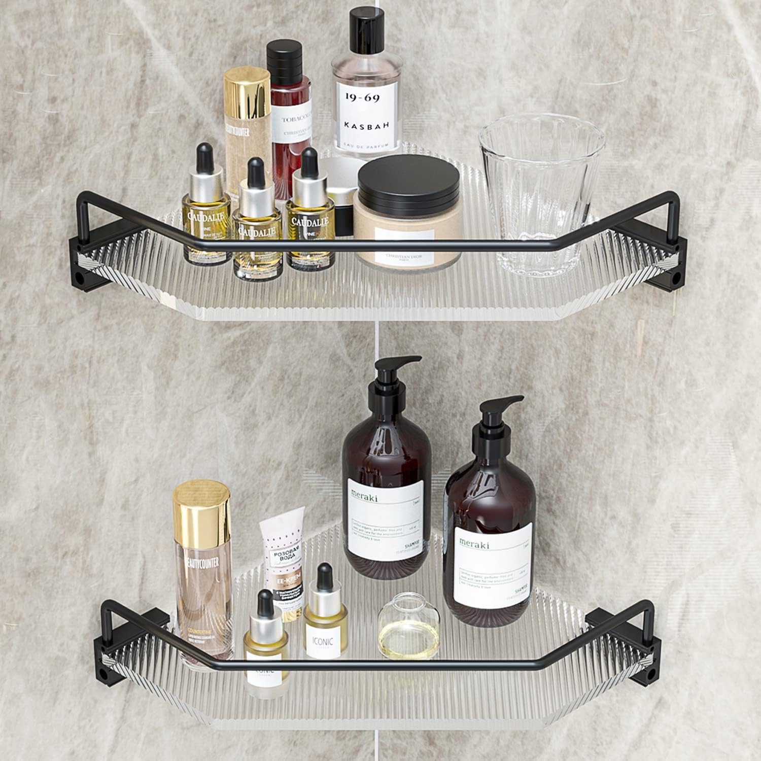2 Tier Shower Caddy Corner Black Corner Bathroom Shelf Wall Mounted Shampoo Holder Shower Organizer Shower Shelves for Inside Shower/Bathtub No Drill