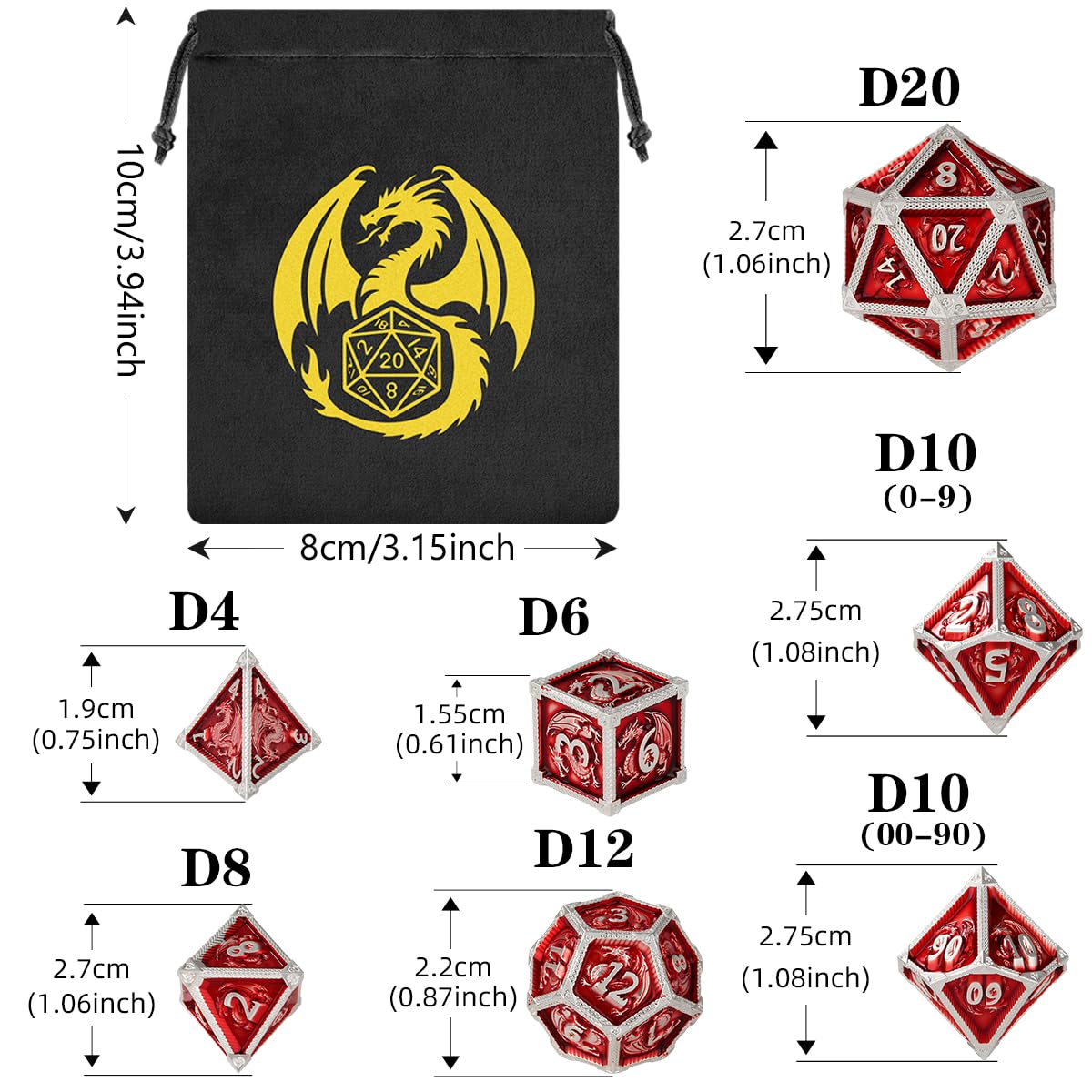 Metal Dice Set, Dragon Pattern, 7pcs Polyhedral Metal DND Dice Set, DND Starter Set, D&D Gifts with Gift Bag - Image 3