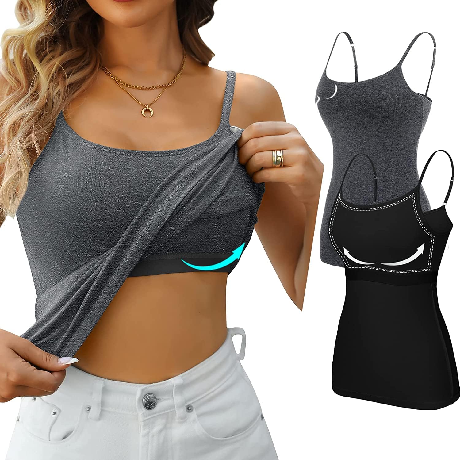 Attraco 2er Pack Damen Baumwolle Tank Top mit Regal BH Unterhemd Verstellbarer breiter Riemen Camisole Basic Cami Tanks