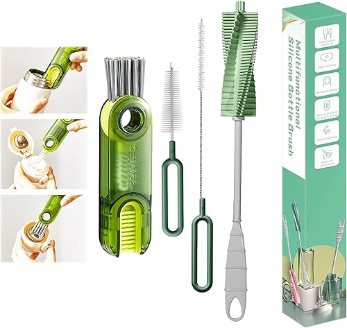 Meritpick - Juego de cepillos limpiadores de botellas de agua 3 en 1 cepillo limpiador multiusos para botellas y cepillo de silicona de mango largo