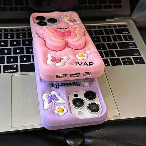 Miniatura 4 de YWYUHE Funda de teléfono de mariposa morada compatible con iPhone 1314, bonita funda de mariposa de dopamina de Corea 3D con soporte telescópico de