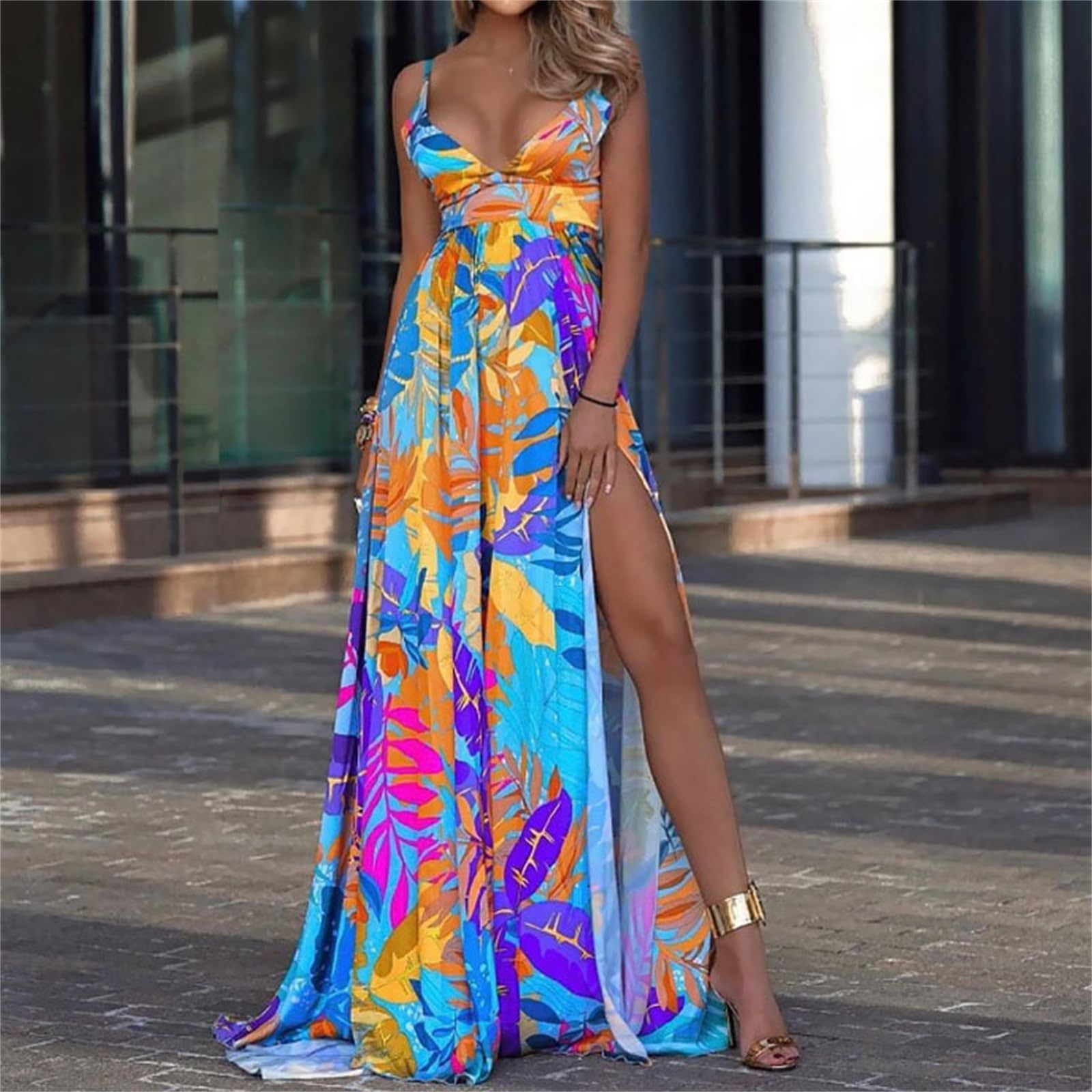 Vestidos de Verano Vestidos de Verano para Mujeres Vestidos Largos Relajados de Verano, Tirantes, Hombros Fríos Vestidos Largos Divididos, HUTALIM, Amarillo, XXL