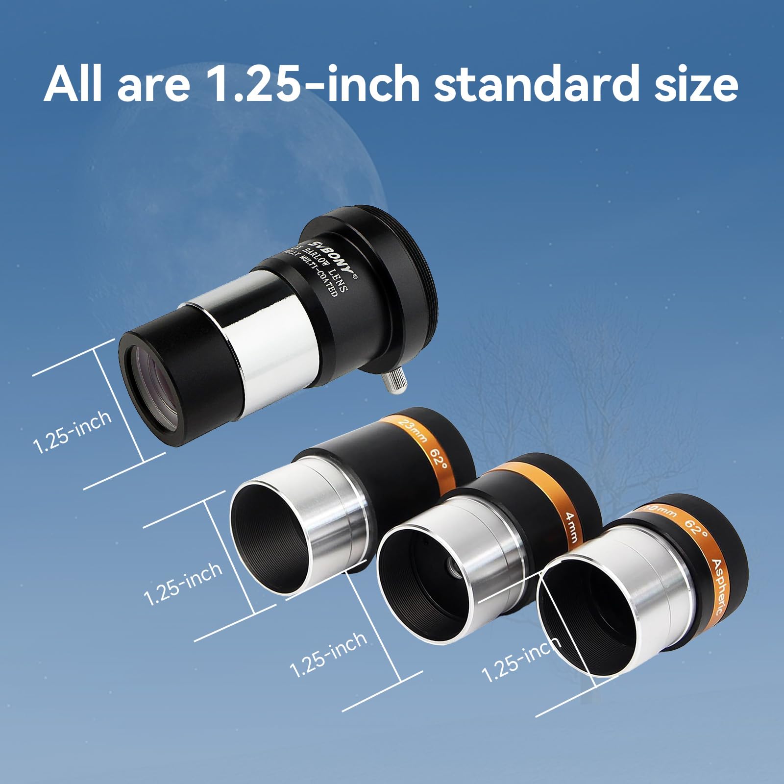 Svbony Oculare Set con Barlow Lente 2x, 4mm 10mm 23mm 62 gradi Grandangolo Planetario Oculare Kit e Barlow in metallo, 1,25 pollici Lente FMC per Osservazioni di Galassie Planetarie Lunari