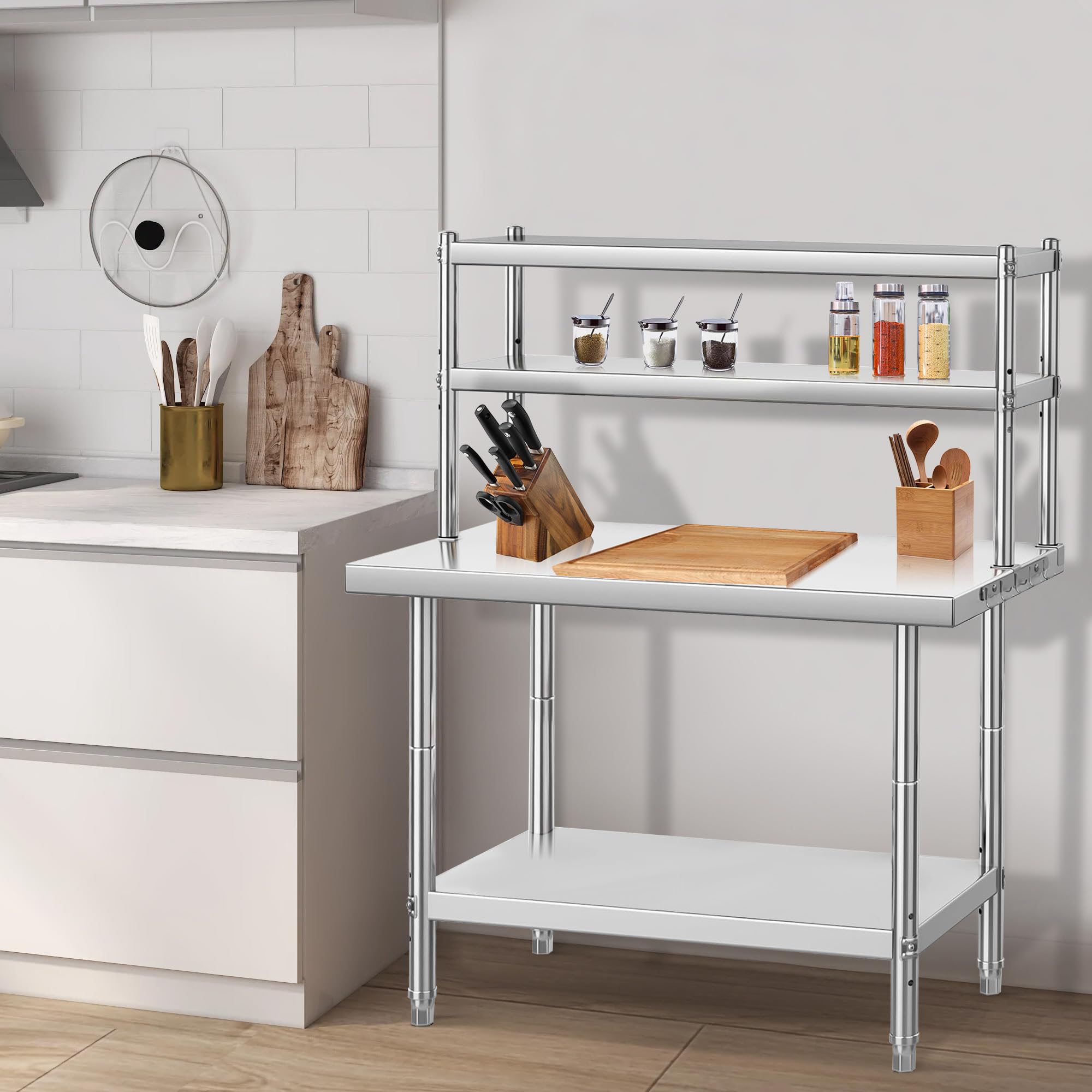Mesa de trabajo de cocina profesional de acero inoxidable, mesa de preparación con 3 estantes ajustables, ganchos extraíbles, capacidad de carga 662 kg, encimera para cocina, restaurante, Atelie