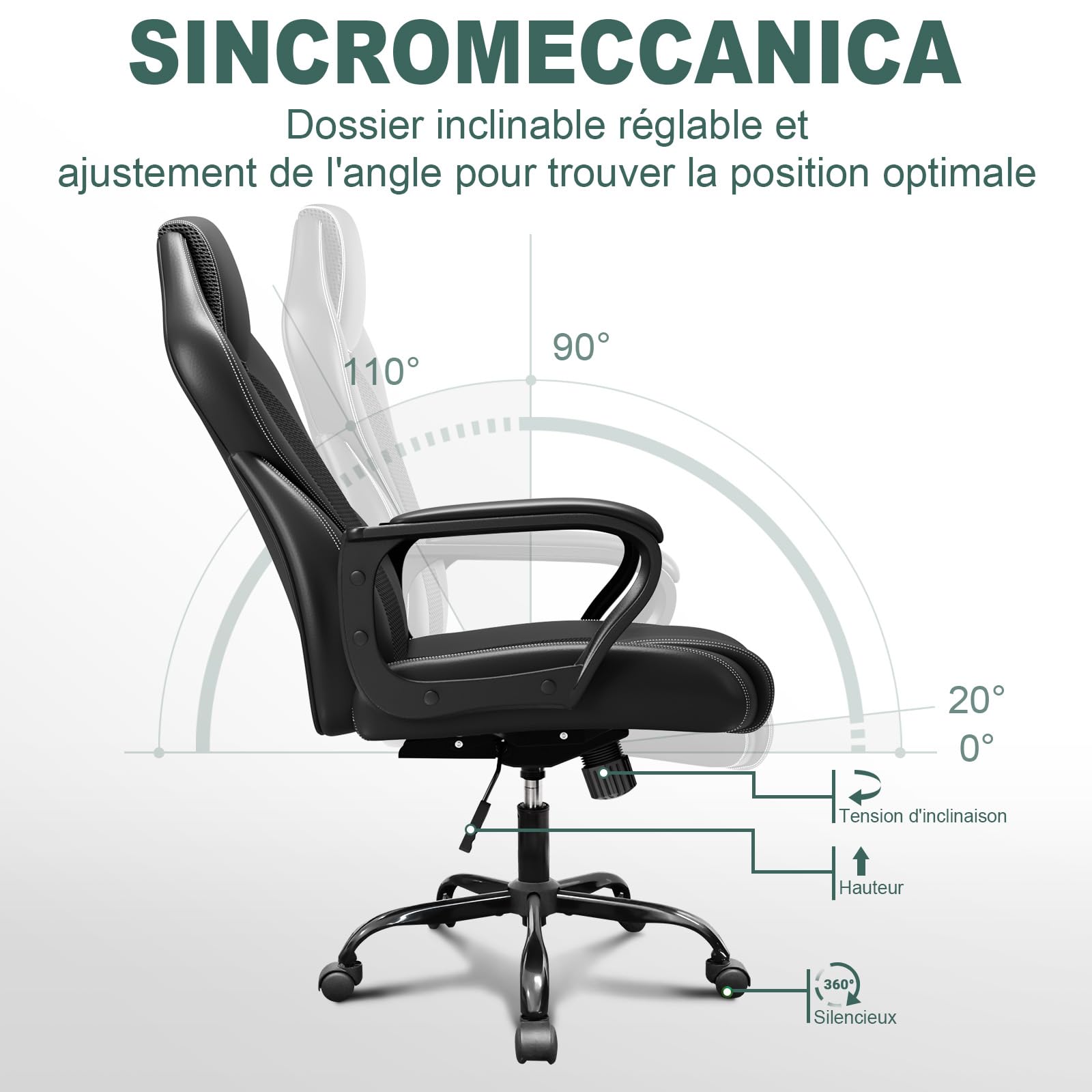 Fauteuil de Bureau Confortable en Cuir PU 150kg, Chaise Ergonomique avec Accoudoirs Rembourrés et Fonction Bascule, Noir Pivotant