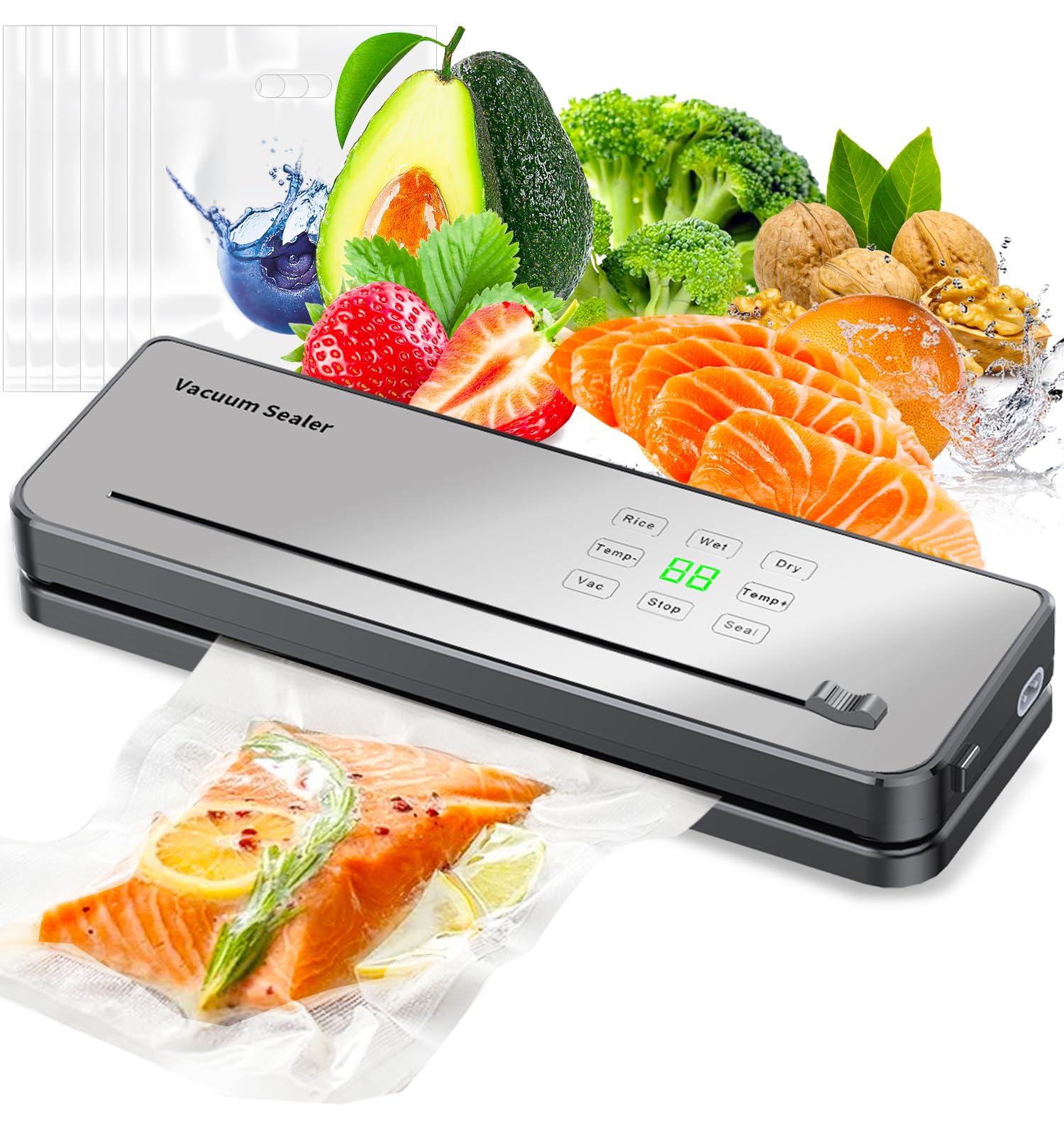 Vacuum Sealer Machine, ESoundvol 8-in-1 Vacuum Sealer Flexible Temperature Control, Built-in Cutter and Visible LED Display for Dry and Moist Food Fresh Preservation with 10Pcs Vacuum Sealer Bags
