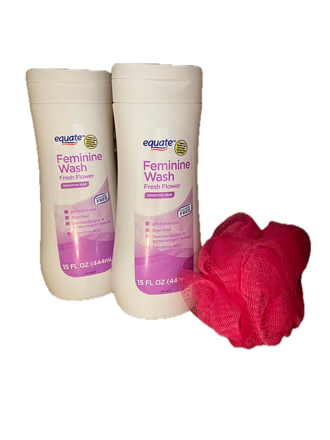 Equate Feminine Wash for Sensitive Skin, Fresh Flower Scented, 15 fl oz with LeSue Body Bath Sponge, Pack of 2