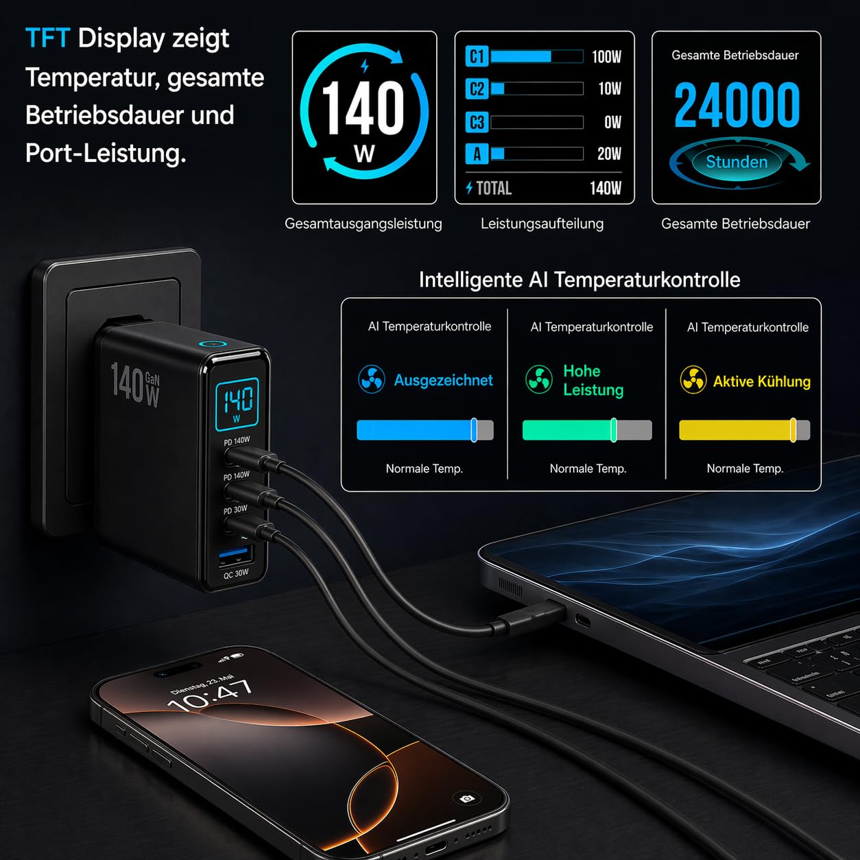 Cargador USB-C de 140 W con pantalla, 2 puertos USB-C 140 W PD3.1, 1 PD3.1 de 30 W + 1 cargador rápido USB-A QC 3.0 de 30 W para ordenador portátil, MacBook, iPhone, Samsung, incluye cable USB-C de 2